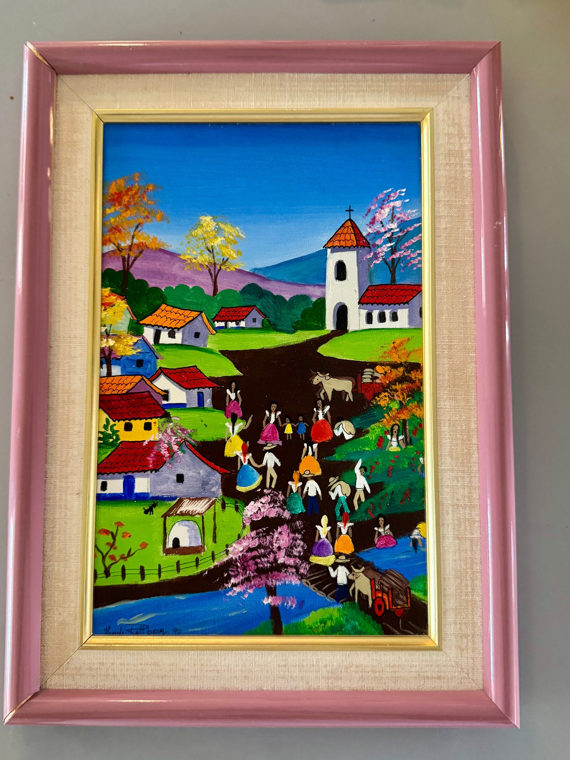 90s Peruvian Folk Art Oil Painting Family 14x10” Framed Outsider Art