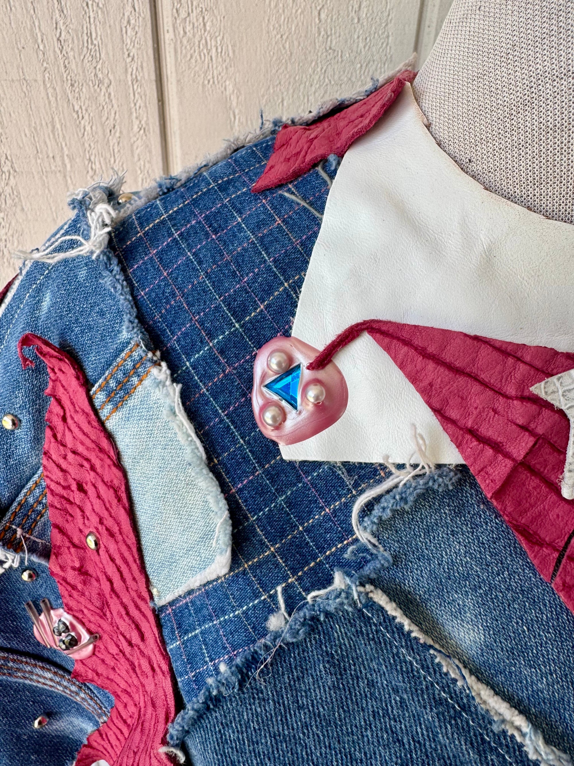 90s Patchwork Denim Poncho Handmade Studs Leather Art Wear