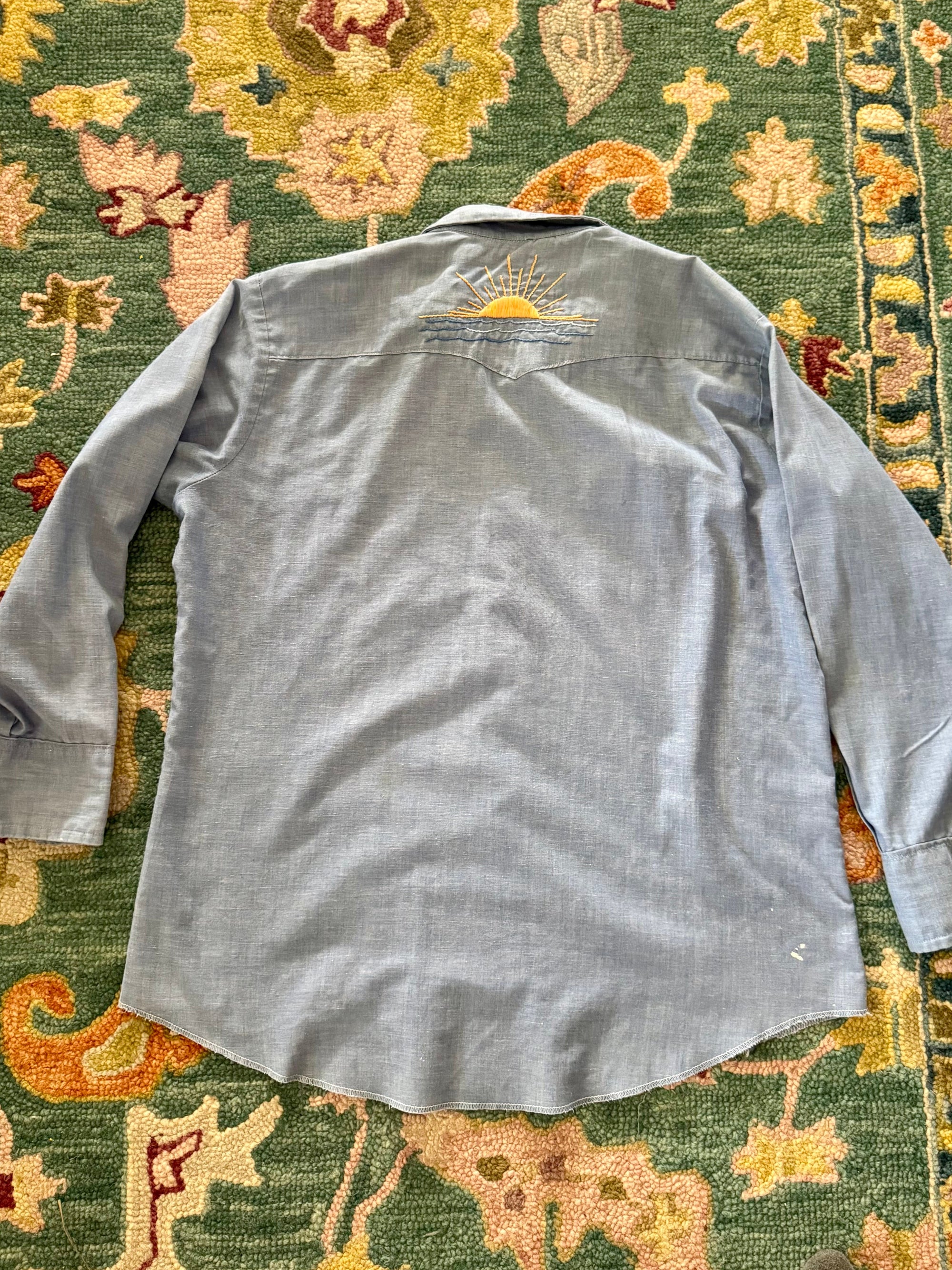 70s Sears Embroidered Chambray Pearl Snap Shirt