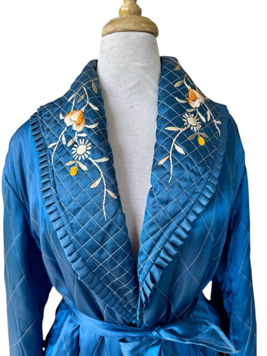 50s Silk Floral Hand Embroidered Quilted Robe Royal Blue Kimono
