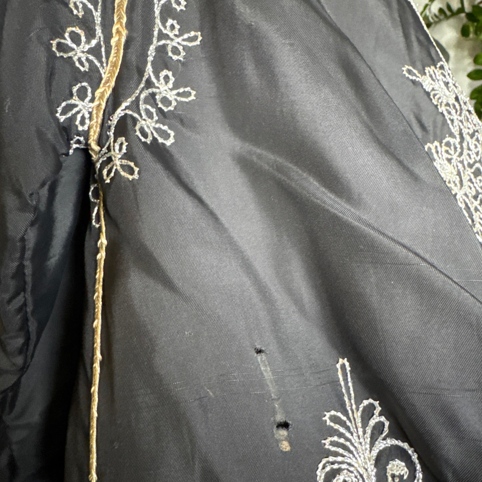 70s Moroccan Black Kaftan Silver Embroidery Dress Bell Sleeve Archival Robe