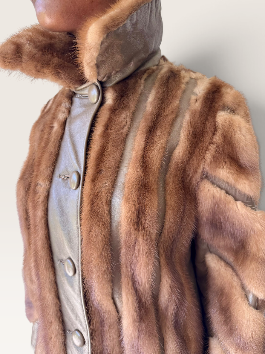 70s Mink Fur & Leather Chevron Patchwork Coat Brown Jacket