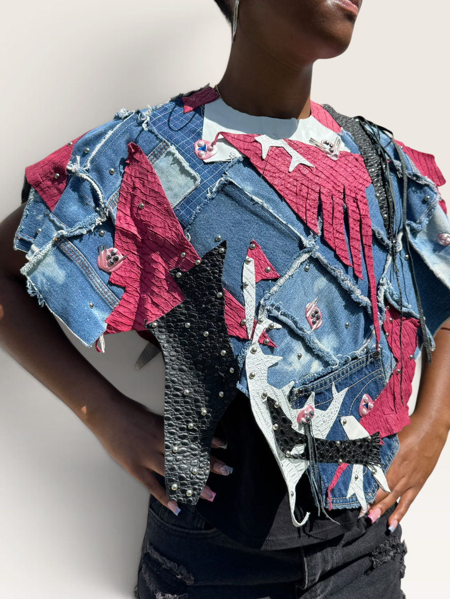 90s Patchwork Denim Poncho Handmade Studs Leather Art Wear