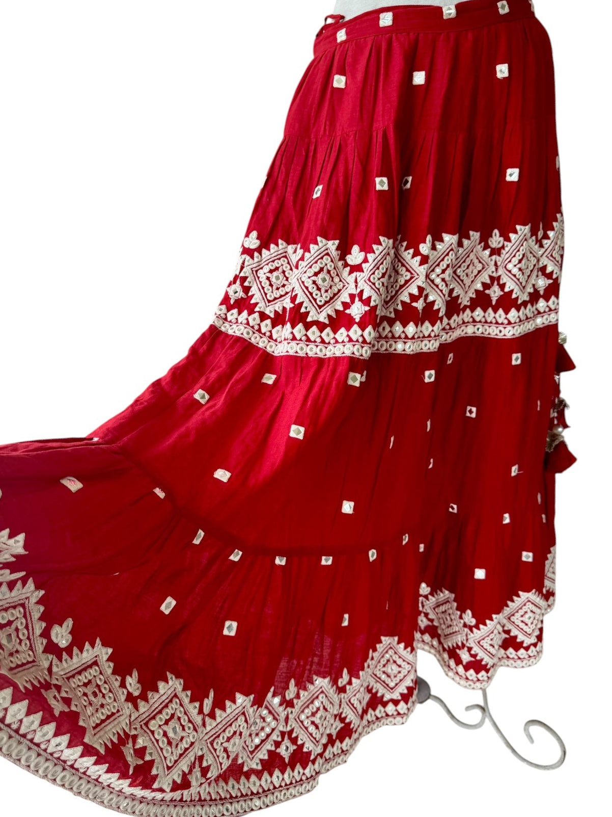 Red Embroidered Lehenga Mirror Work Indian Maxi Skirt Cotton