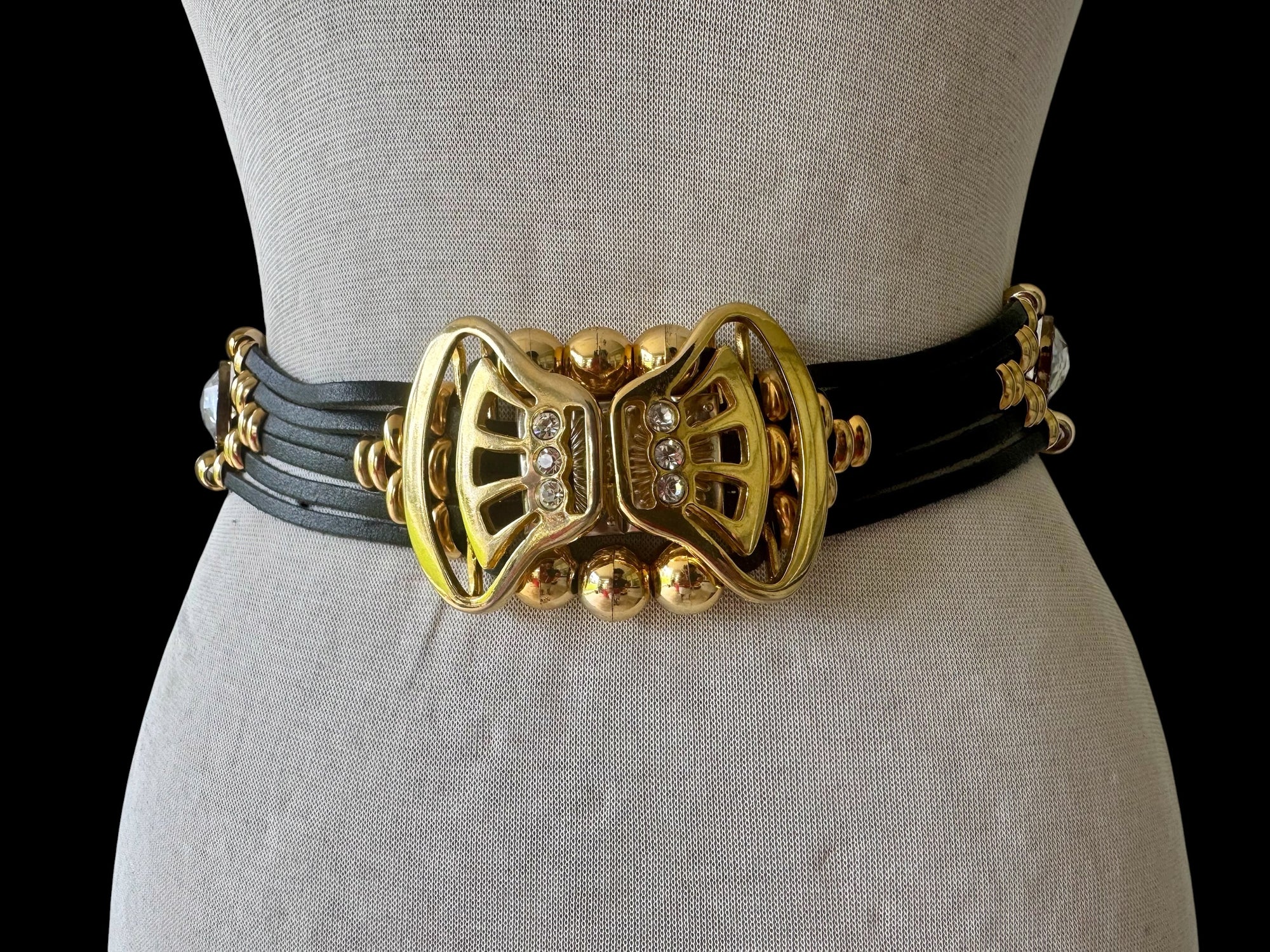 80s Gutos Leather & Metal Statement Belt OS W.Germany Beaded Rhinestones