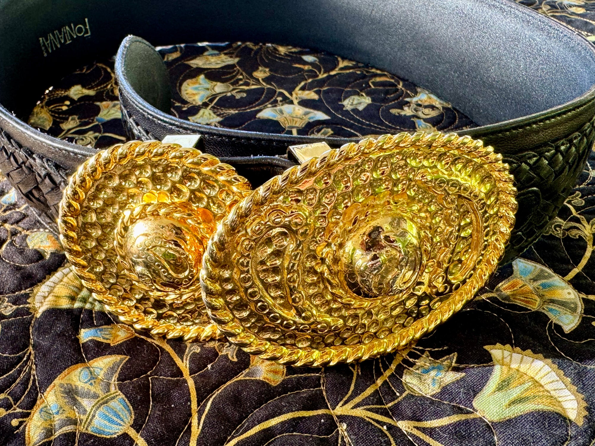 80s Fontana Milano Black Leather Belt Large Gold Buckle