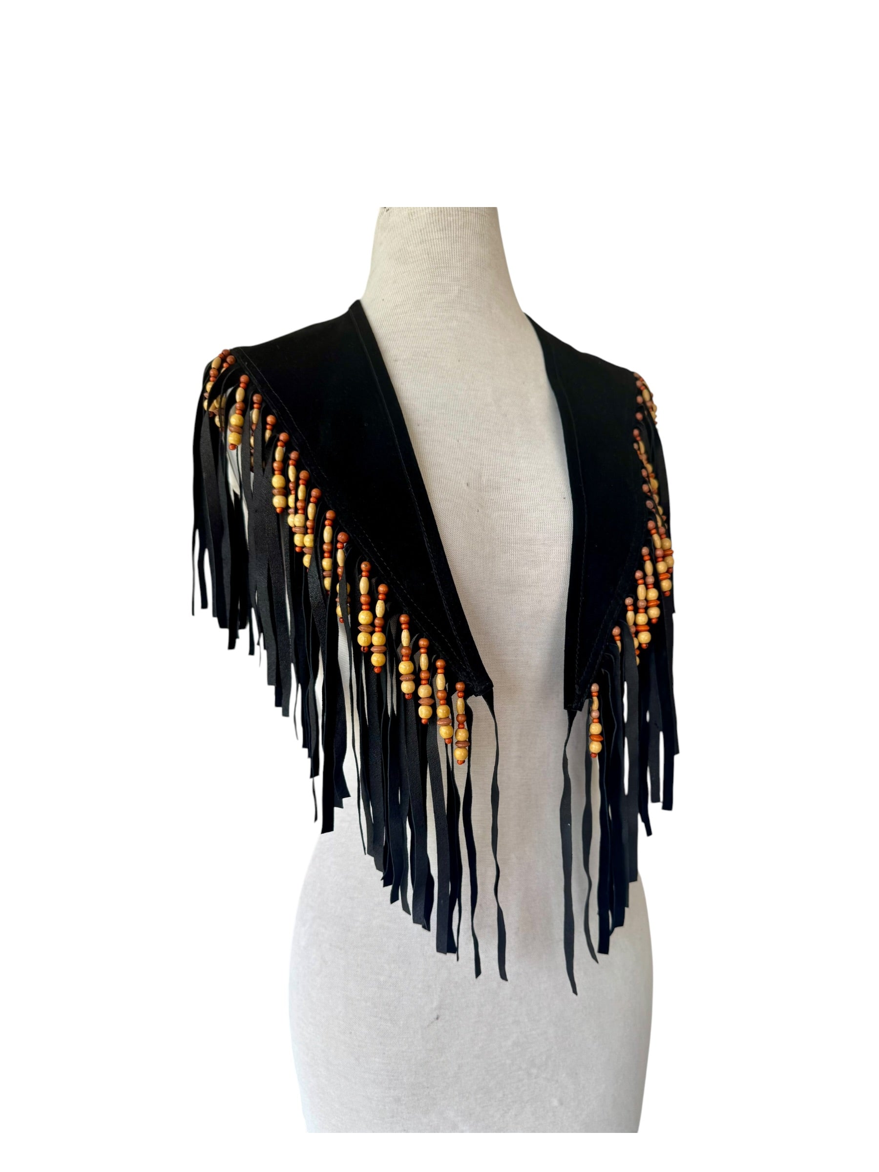 90s Braefair Black Suede Beaded Fringe Leather Capelet Collar OS Boho