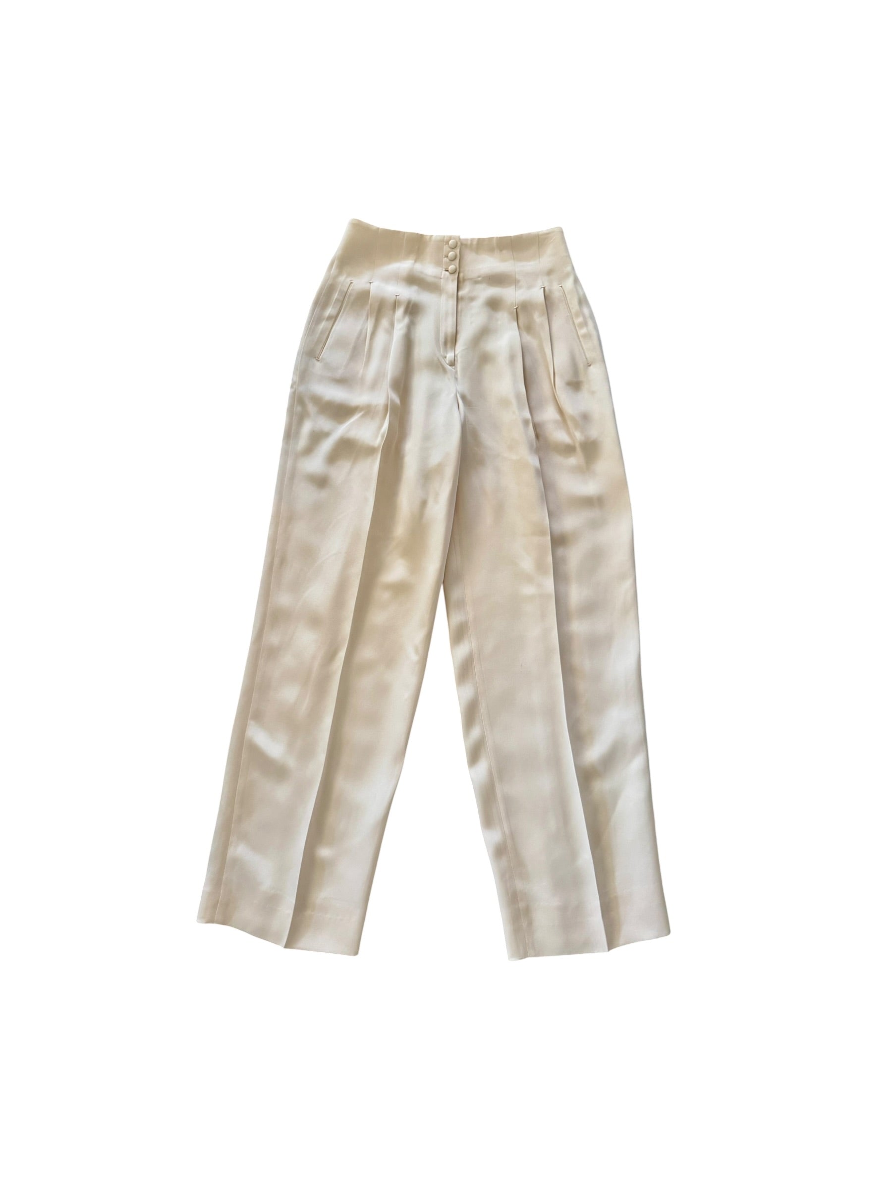 80s Richard Tyler Ivory High Waist Pleated Silk Trousers