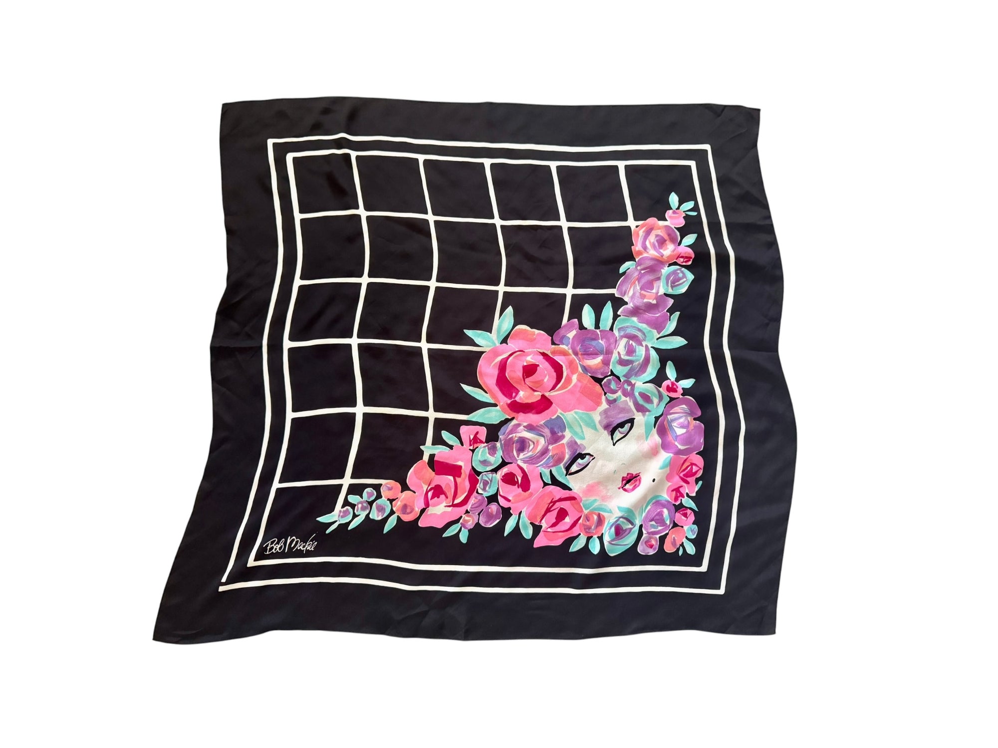 90s Bob Mackie Silk Scarf Colorful Goddess Face Floral 32x35