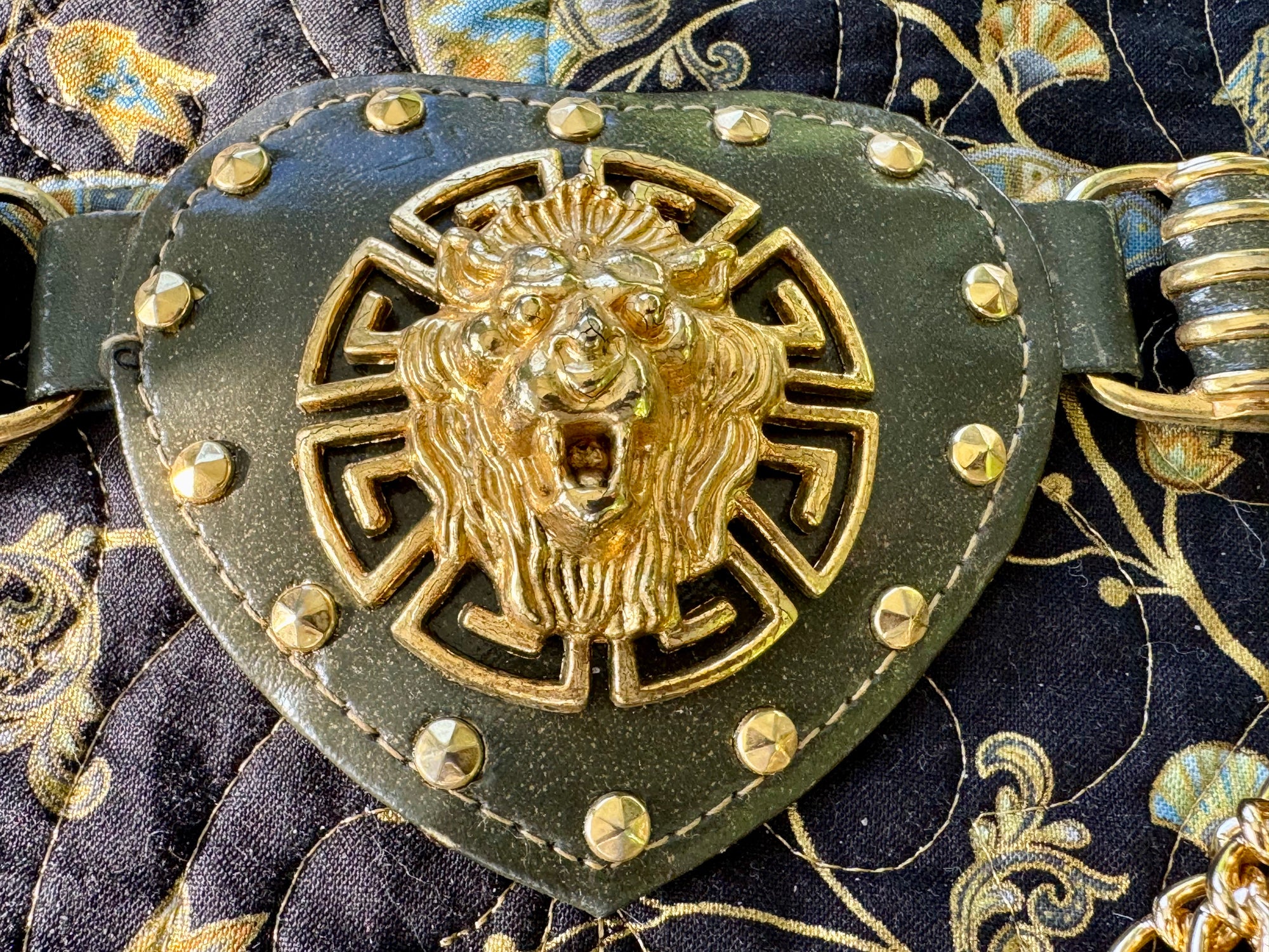 80s Lion Chain & Green Leather Metal Baroque Belt