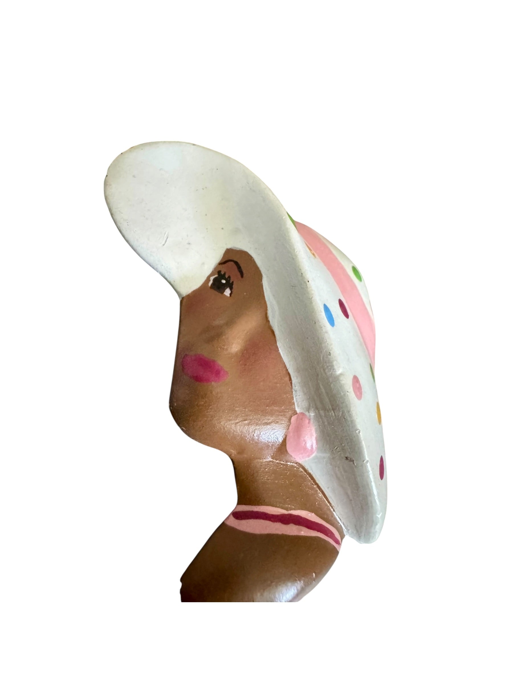 80s Handmade Black Lady Polka Hat Ceramic Brooch