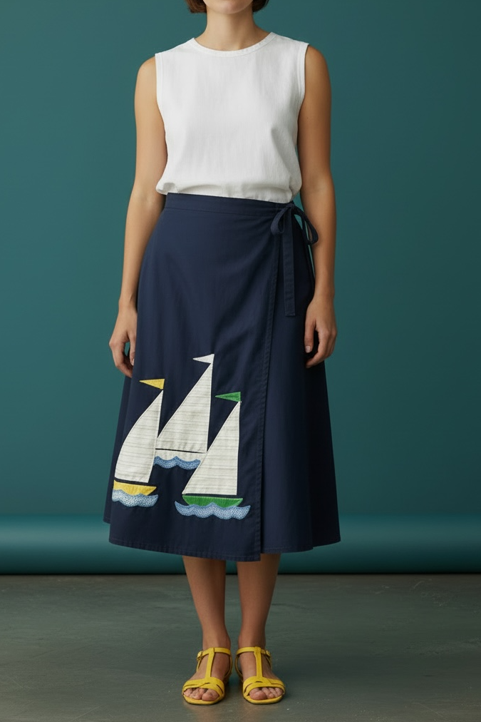 70’s Sailboat Appliqué Navy Wrap Midi Skirt