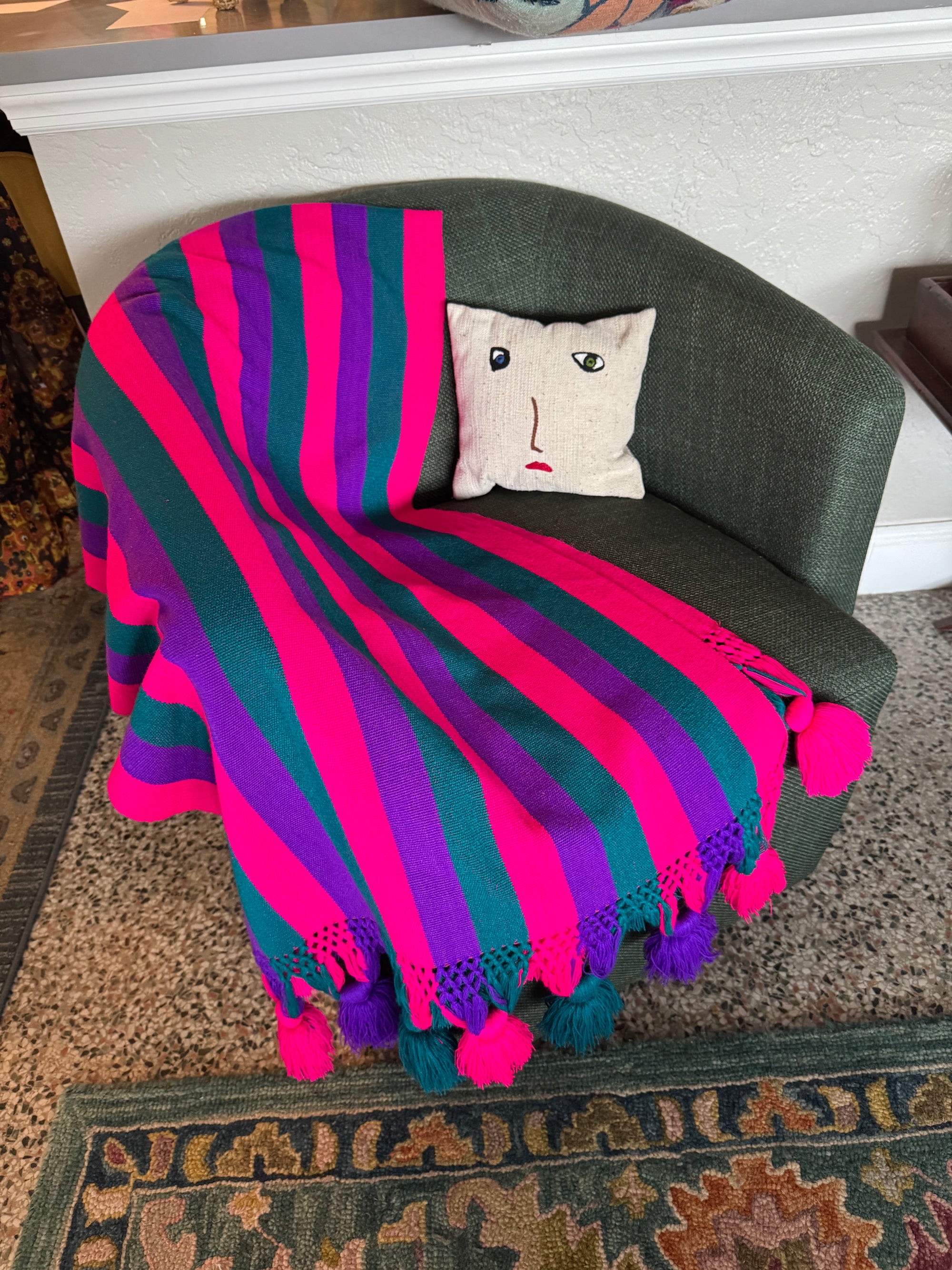70s Pink Stripe Pom Pom Woven Scarf Wrap Table Runner