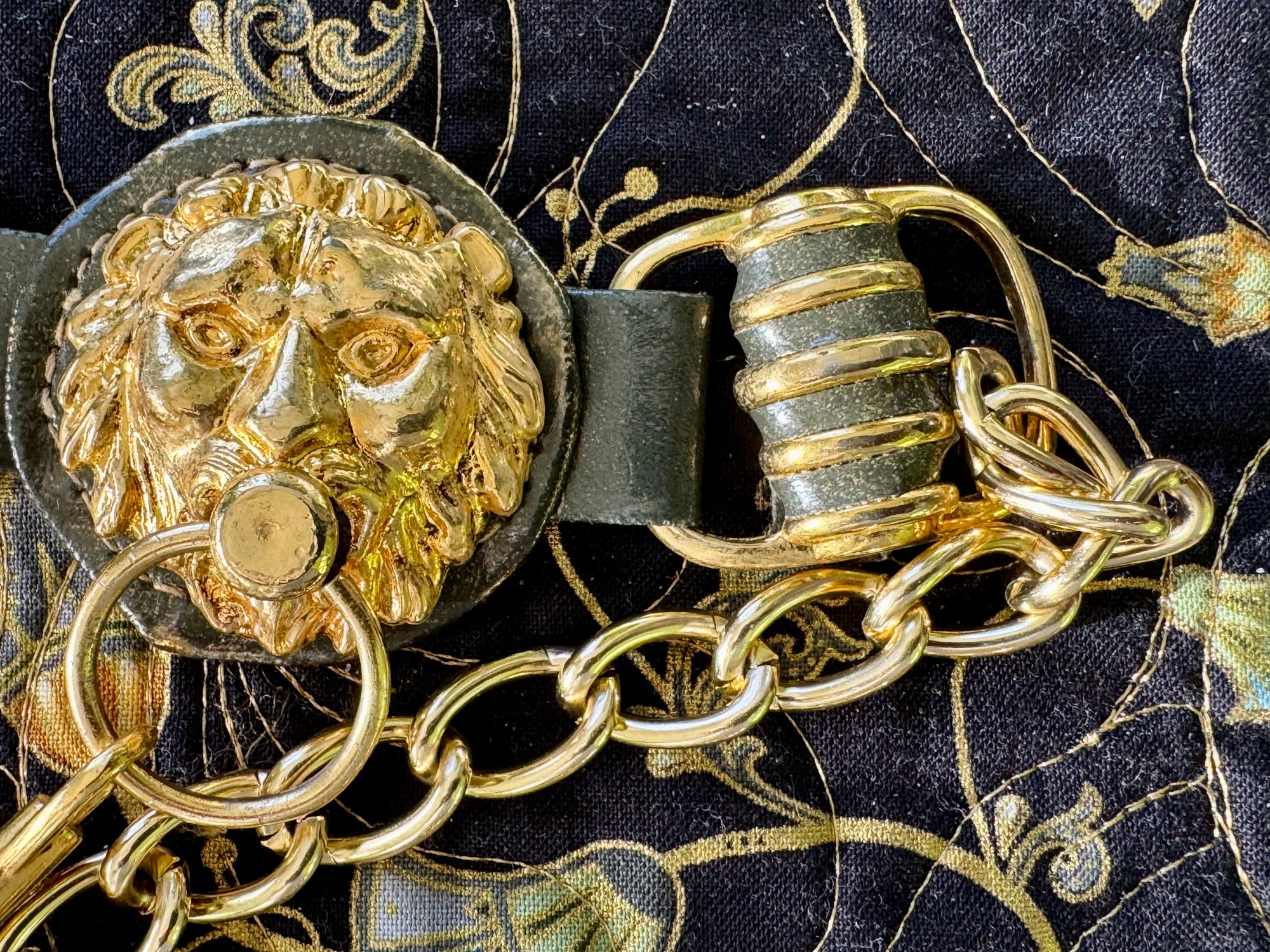80s Lion Chain & Green Leather Metal Baroque Belt