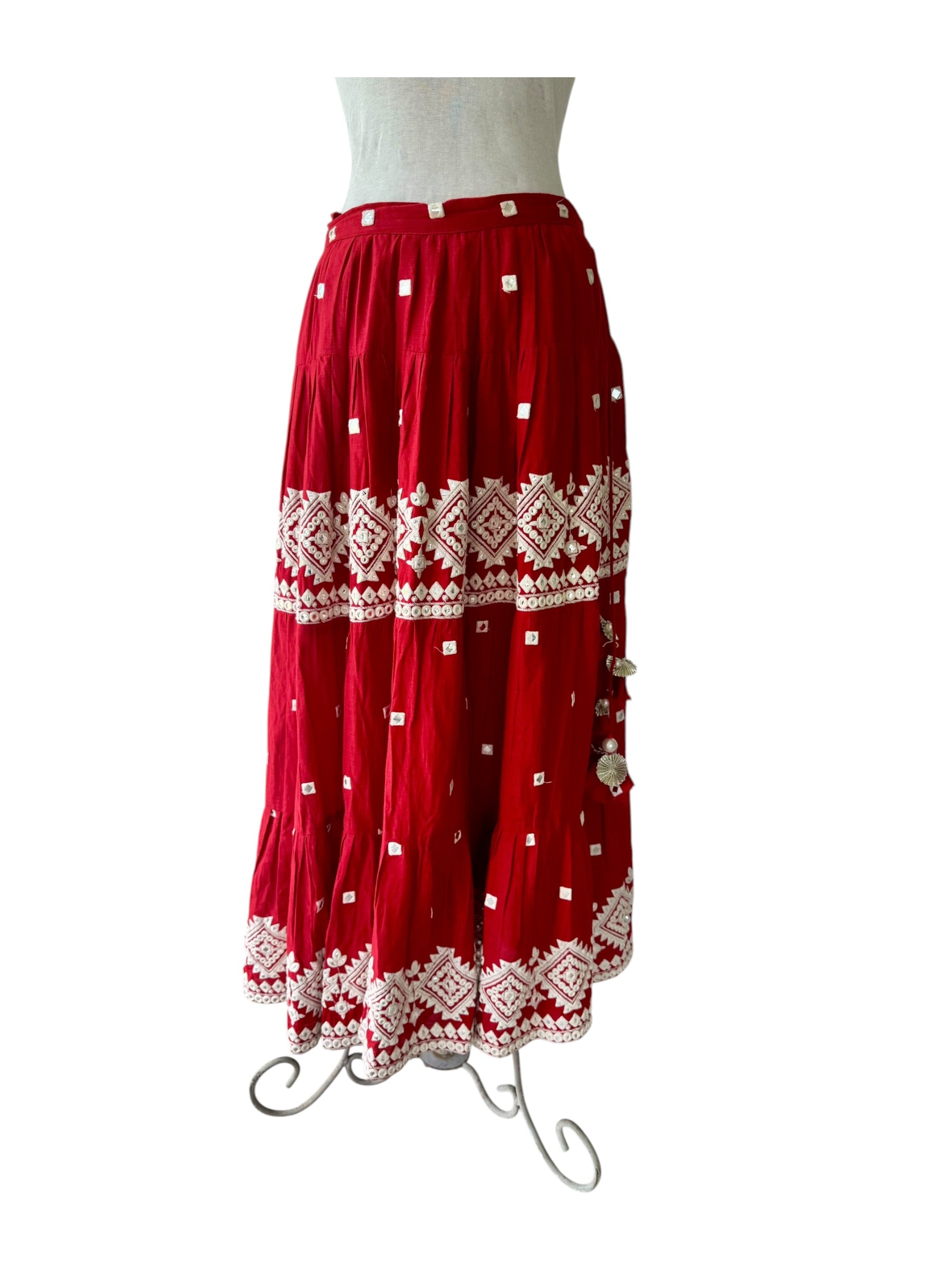 Red Embroidered Lehenga Mirror Work Indian Maxi Skirt Cotton
