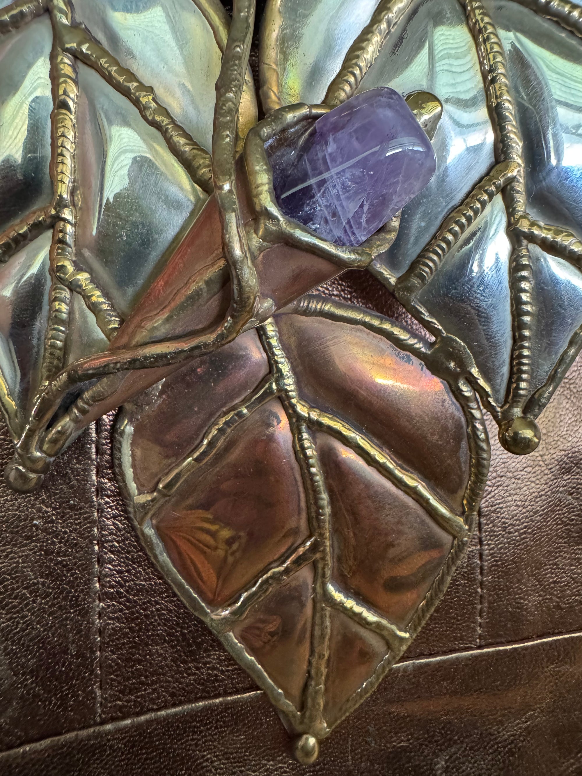 70s Brutalist Sculptural Brass Copper Pewter Gemstone Leather Crossbody Bag