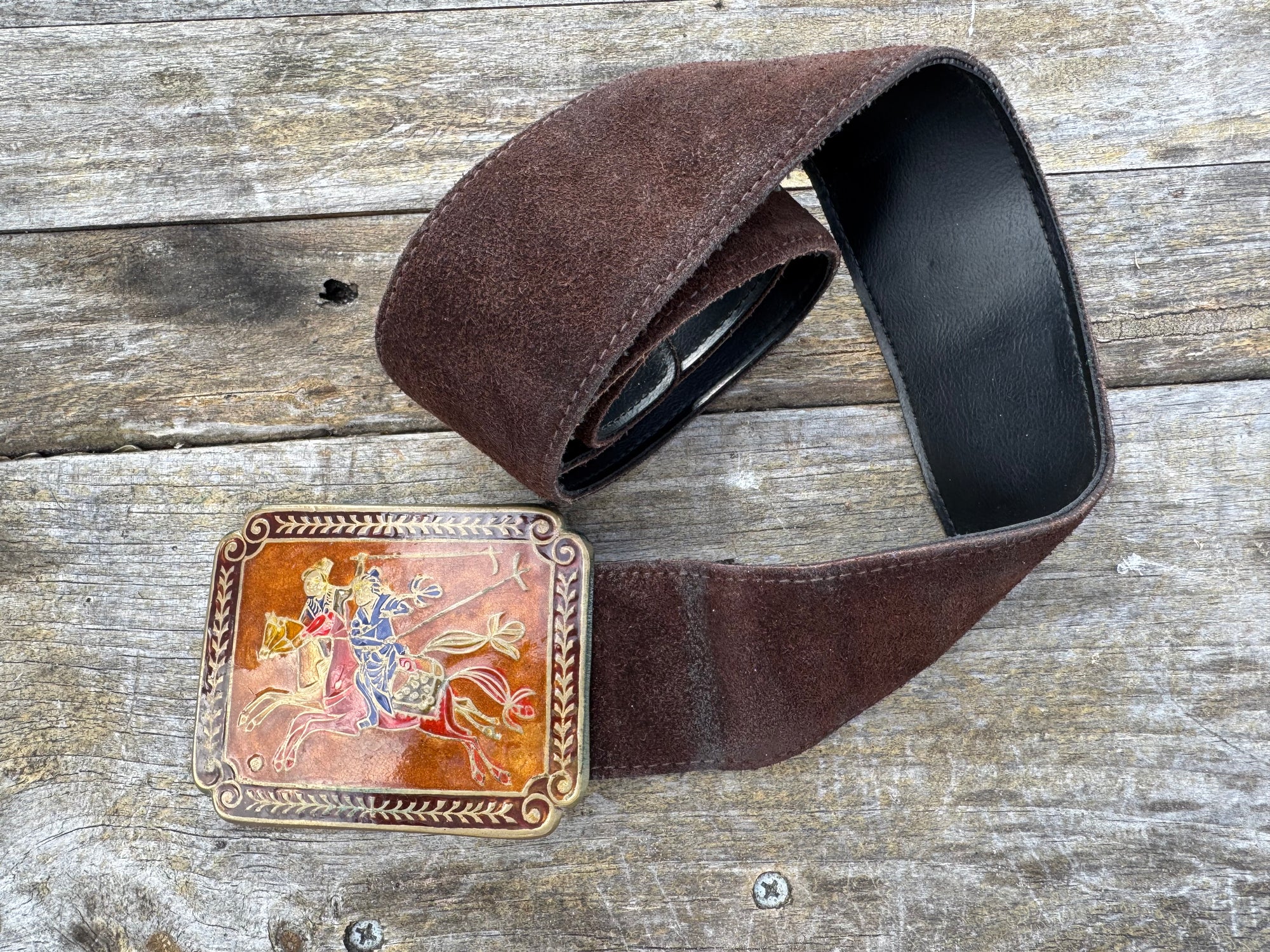70s Golden Hands Samurai Warrior Suede Belt Enamel Buckle