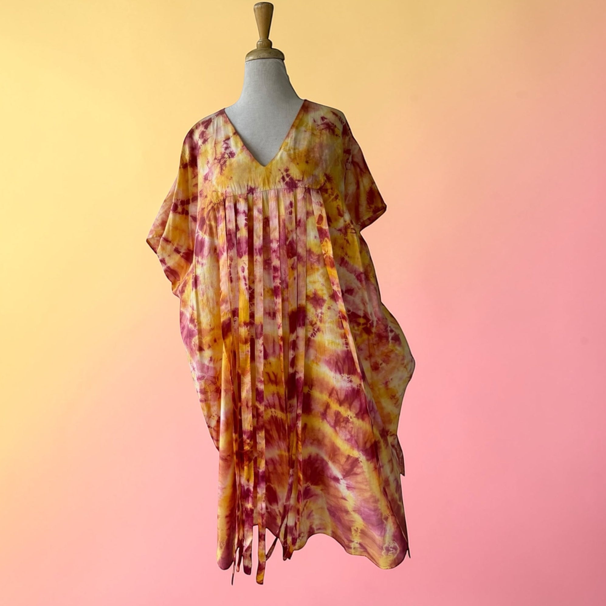 80s Paco Silva Batik Fringe Caftan Dress Tie Dye