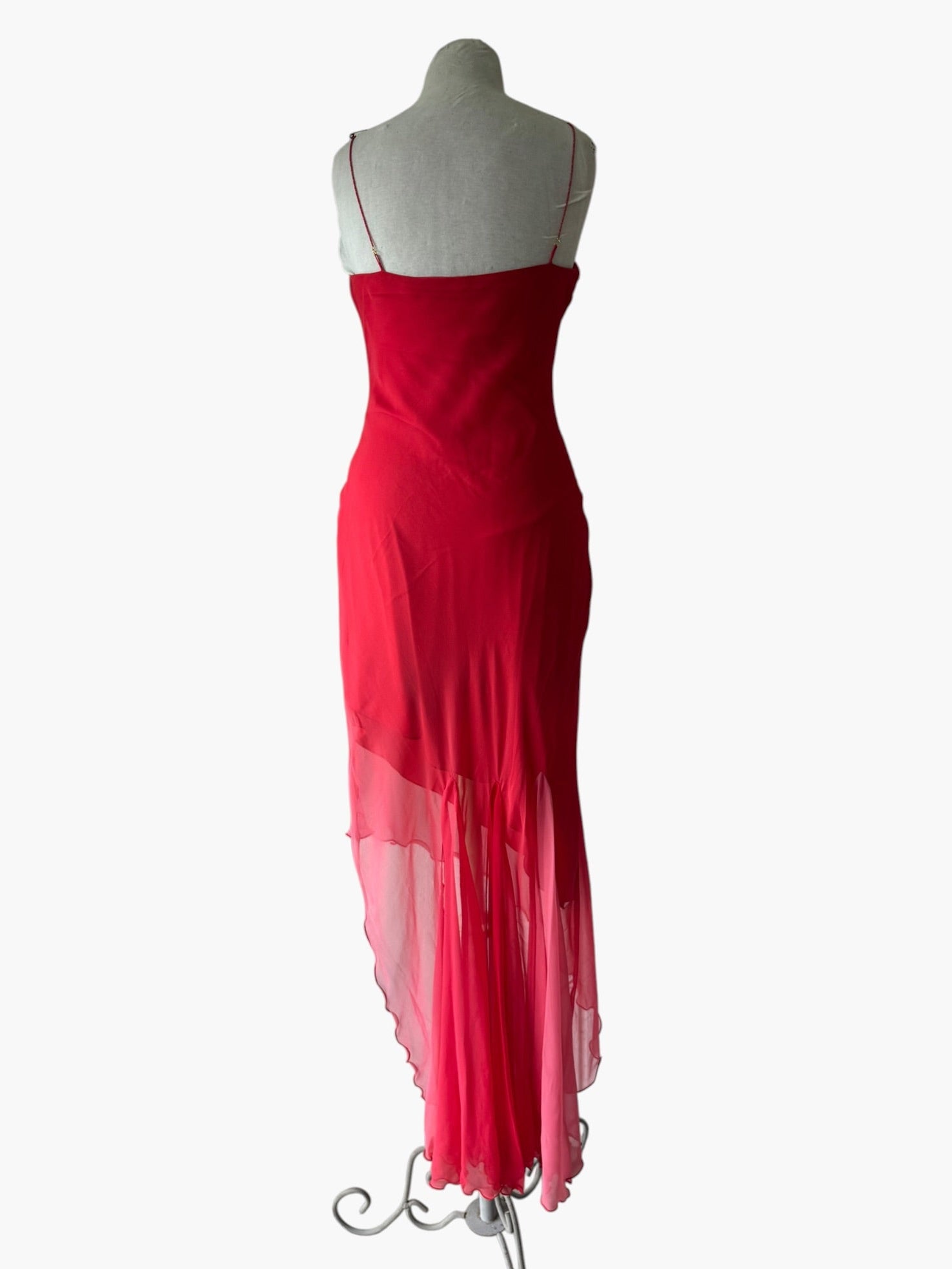 Y2K Cache Red Ombré Cowl Silk Asymmetrical Beaded Dress Sz 6 Whimsy 90s