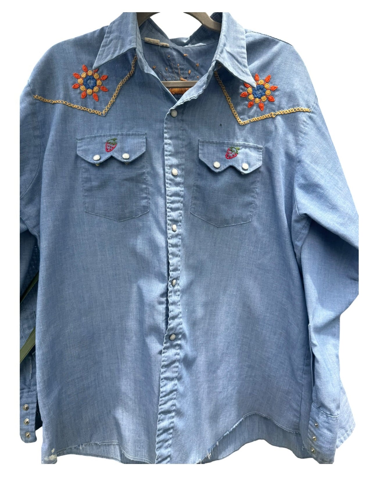70s Sears Embroidered Chambray Pearl Snap Shirt