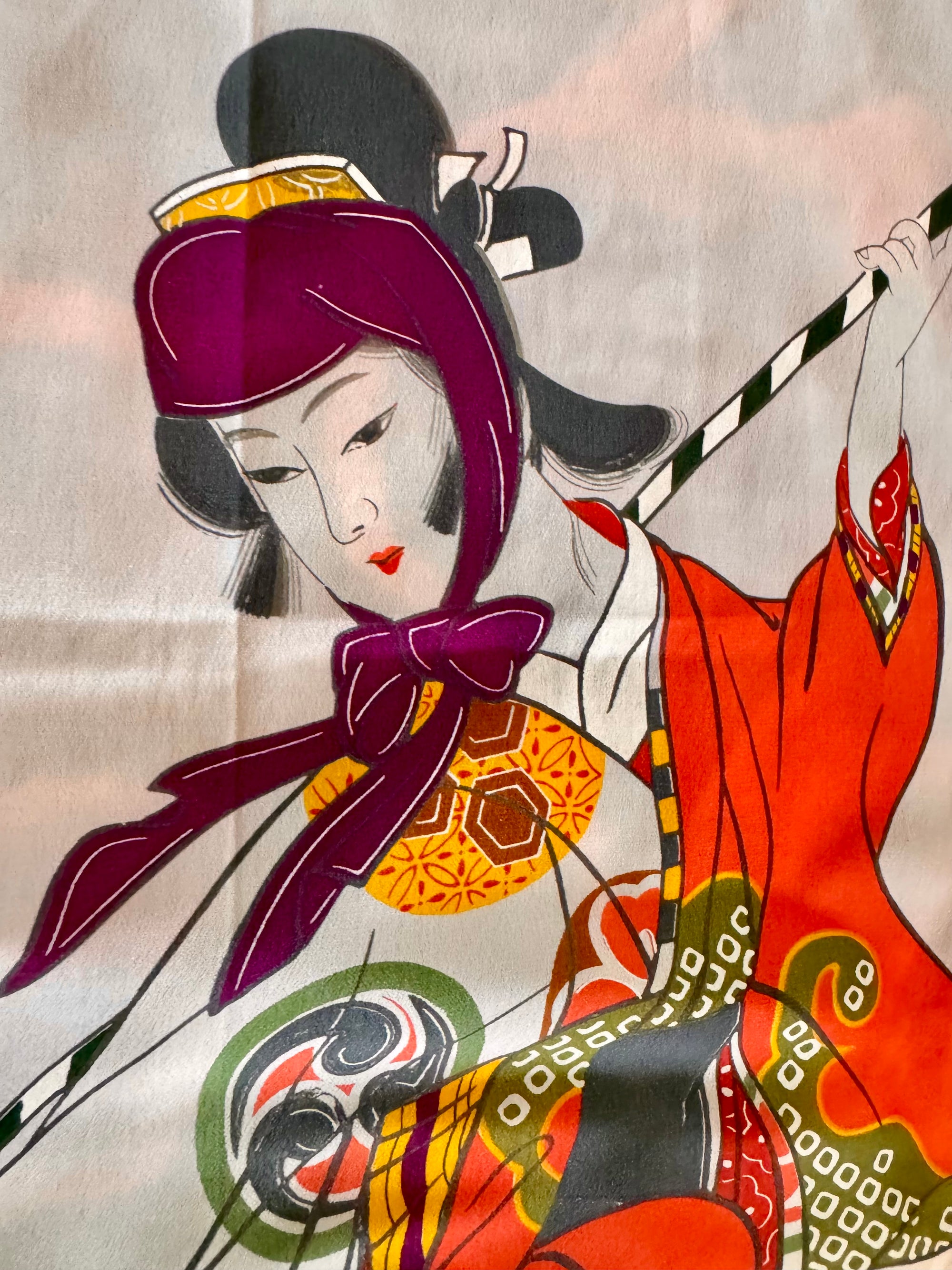 70s Japanese Pink Geisha in Red Kimono Scarf 80s
