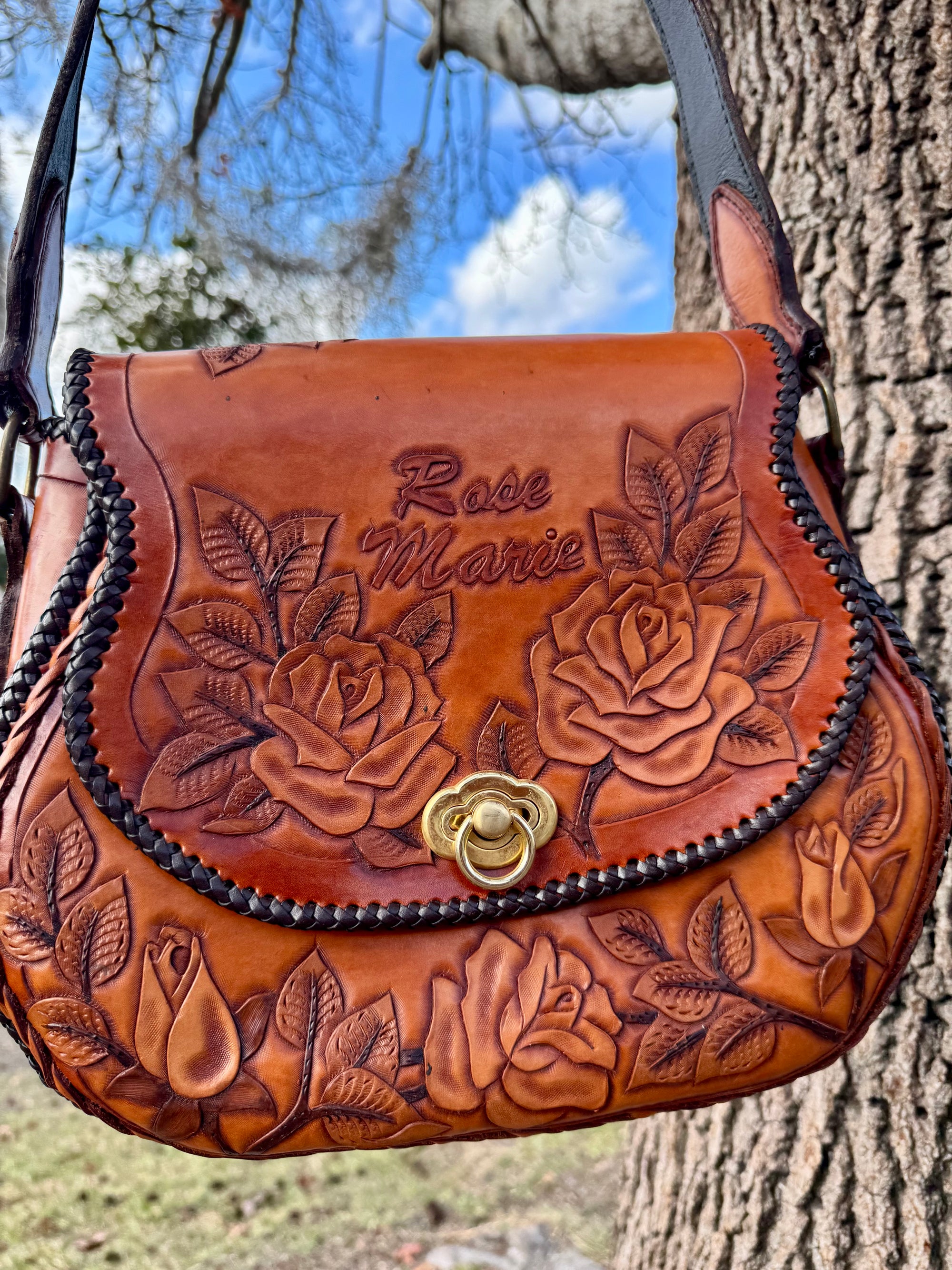 70s Hand Tooled Leather Bag Floral Satchel