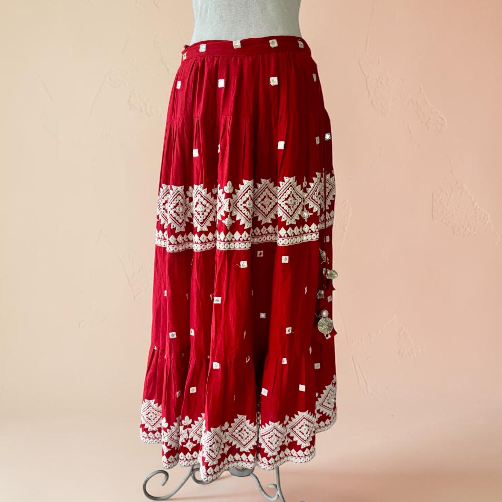 Red Embroidered Lehenga Mirror Work Indian Maxi Skirt Cotton