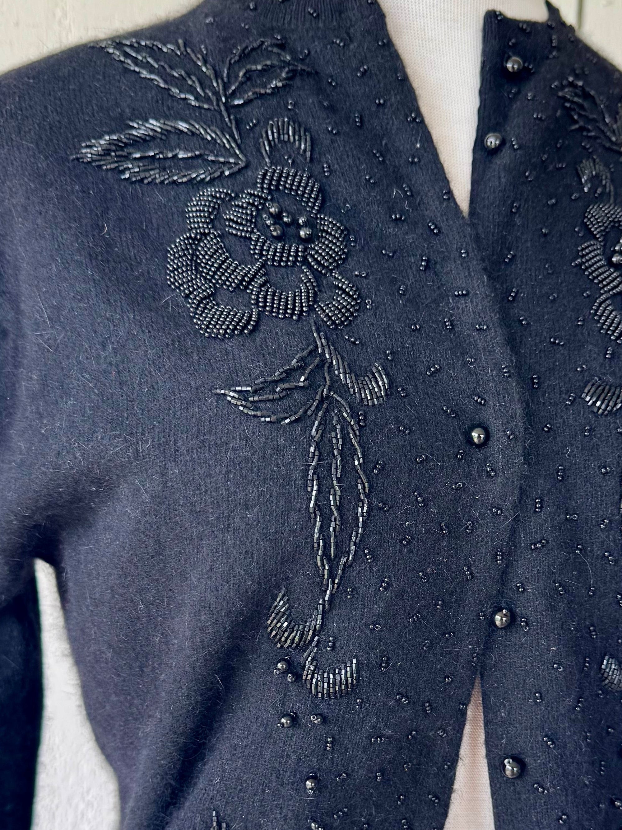 50s Primstyle Black Beaded Floral Angora Lambswool Cardigan Sweater