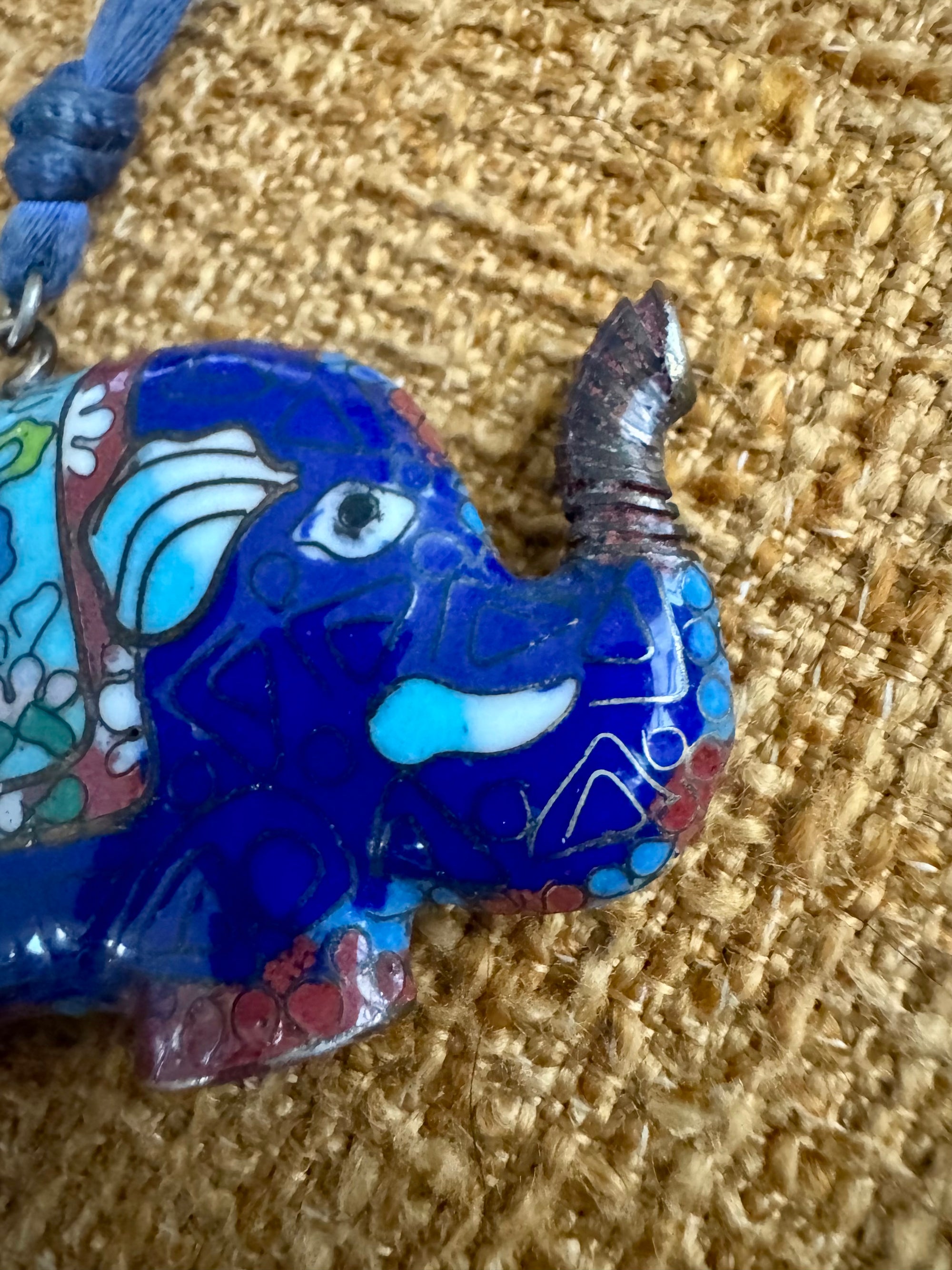 80s Cloisonné Blue Elephant Pendant Necklace