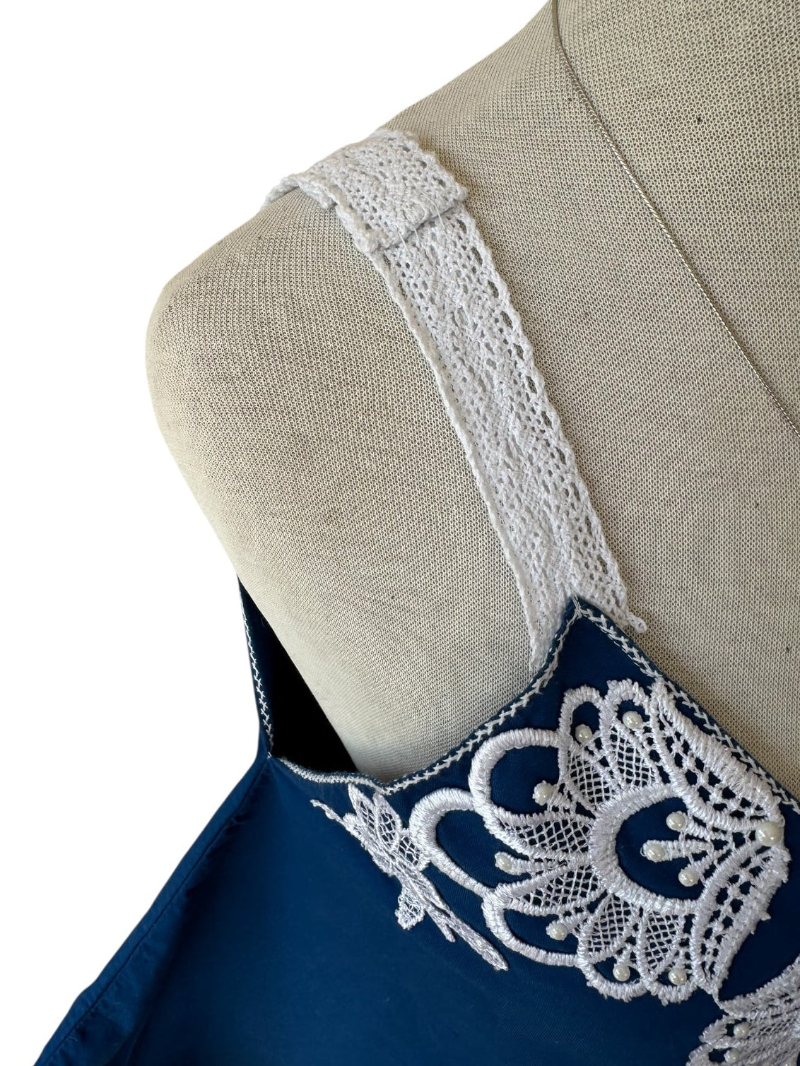 70s Blue Embroidered Floral Beaded Crochet Tank