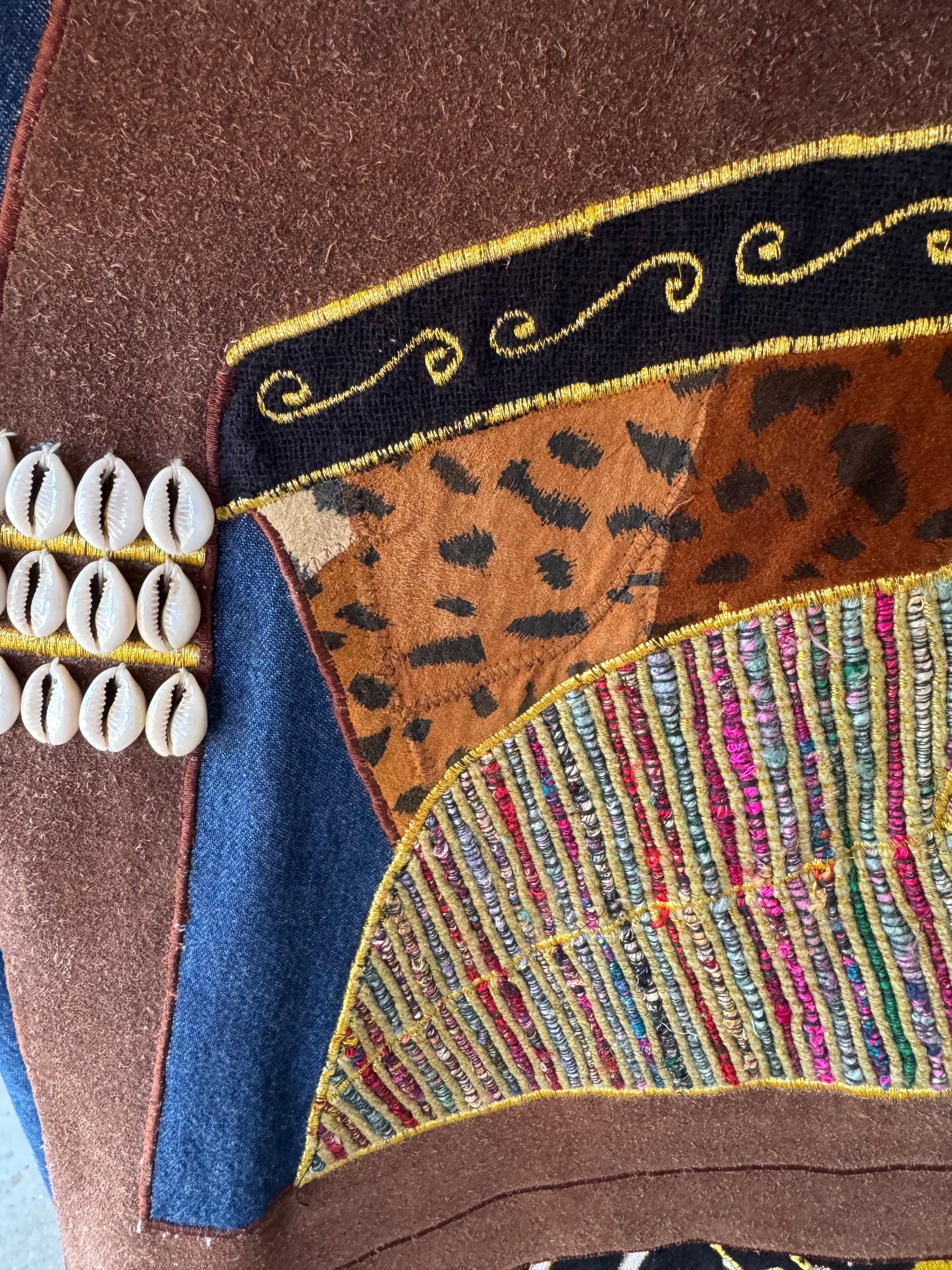 90s Molato Patchwork Denim Beaded Duster African Art Cowrie