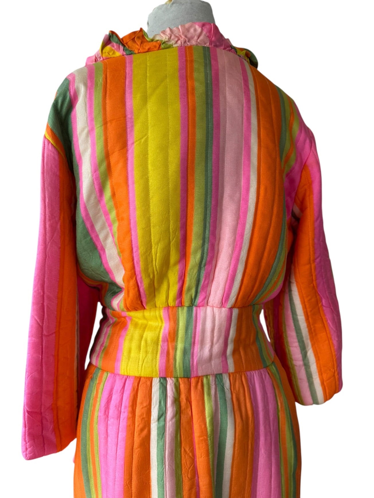 60s Jettecette Pink Stripe Quilted Robe Duster 70s