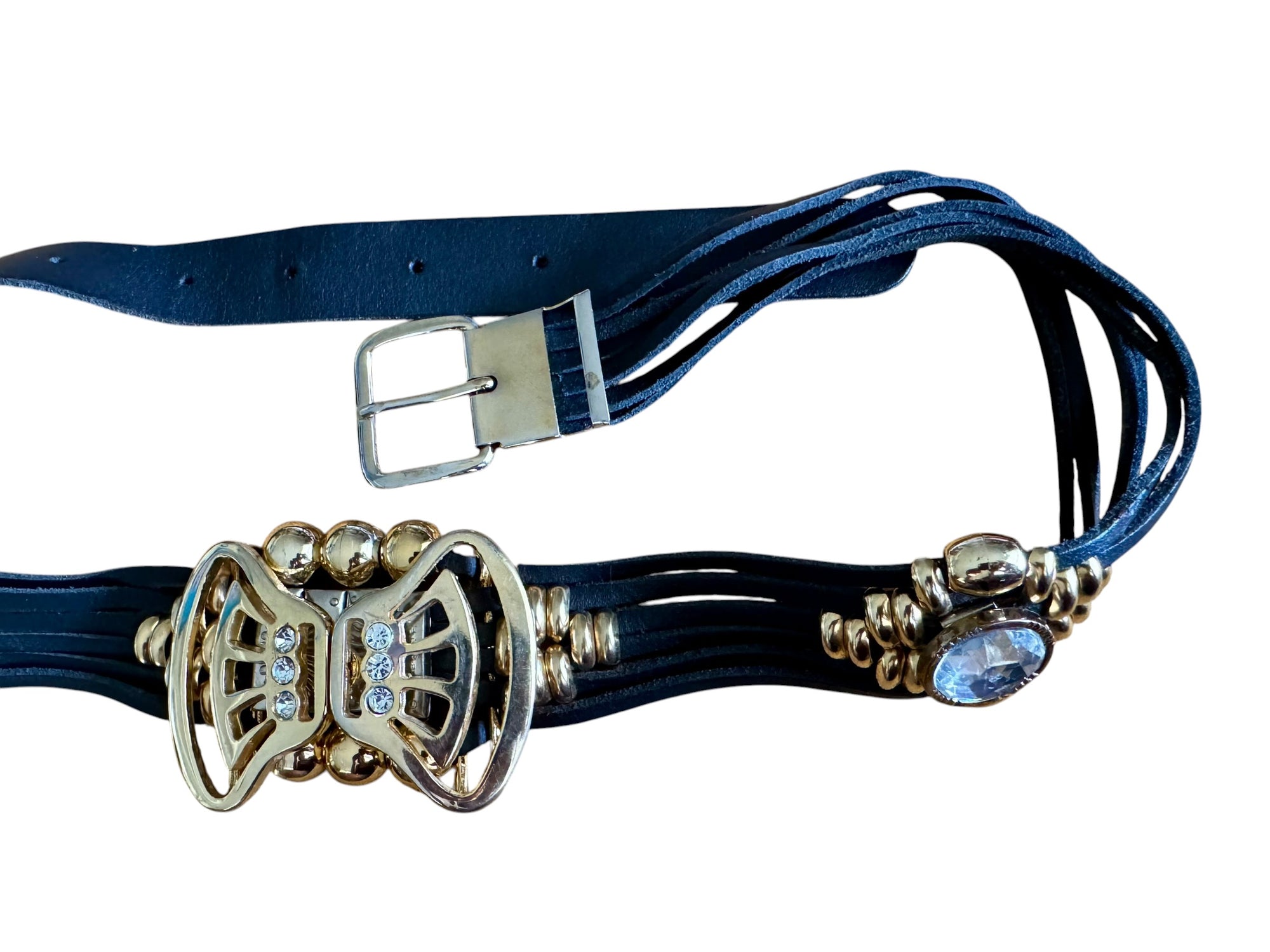 80s Gutos Leather & Metal Statement Belt OS W.Germany Beaded Rhinestones