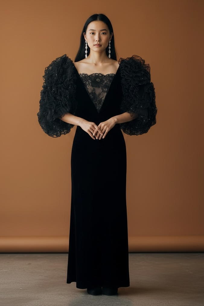 80s Oscar De La Renta Black Velvet Gown 8 Rhinestone Voluminous Sleeves NWT