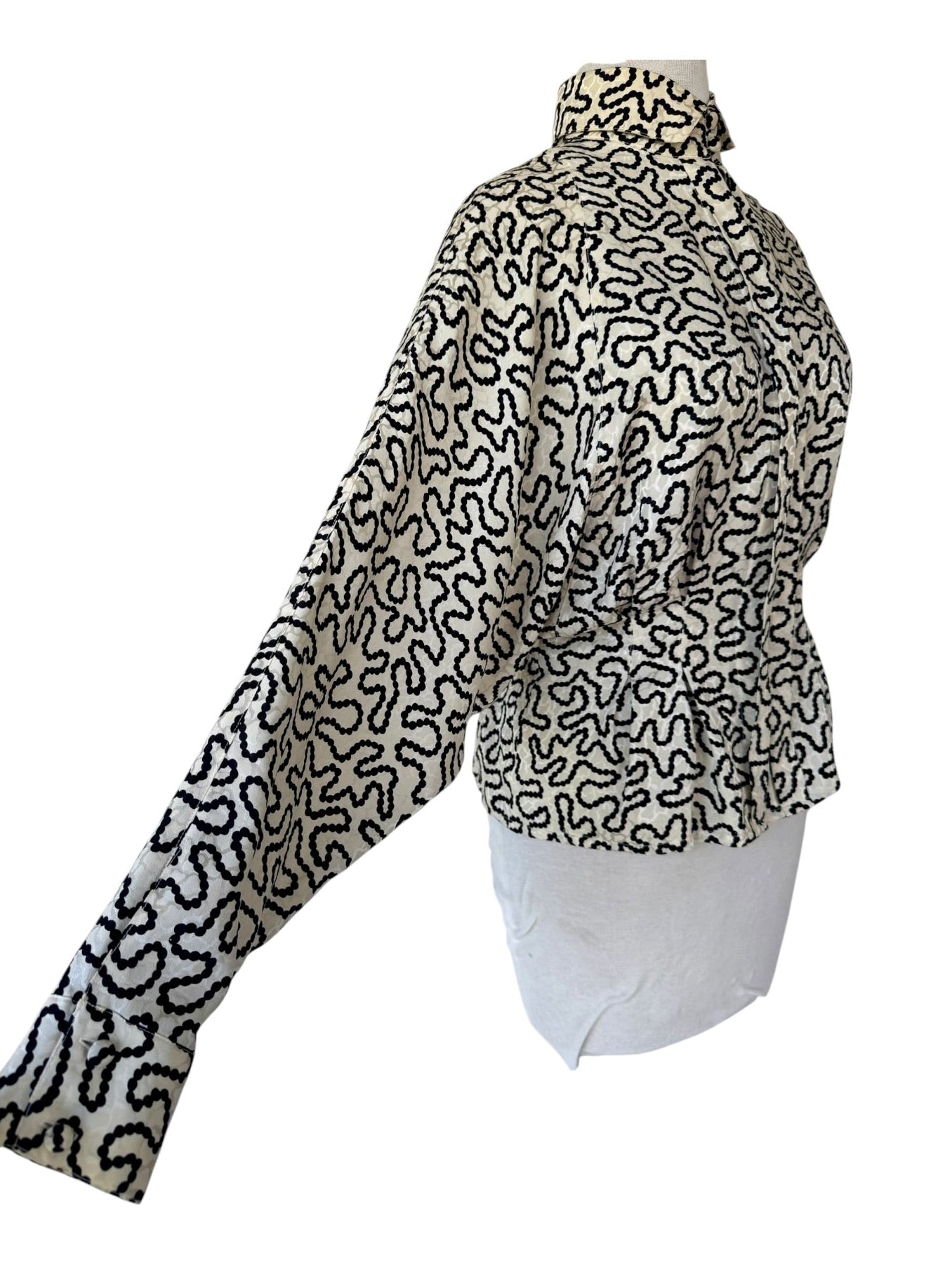 80s Francesca of Damon Silk Pearl Print Blouse Sz 10 Dolman Pleats