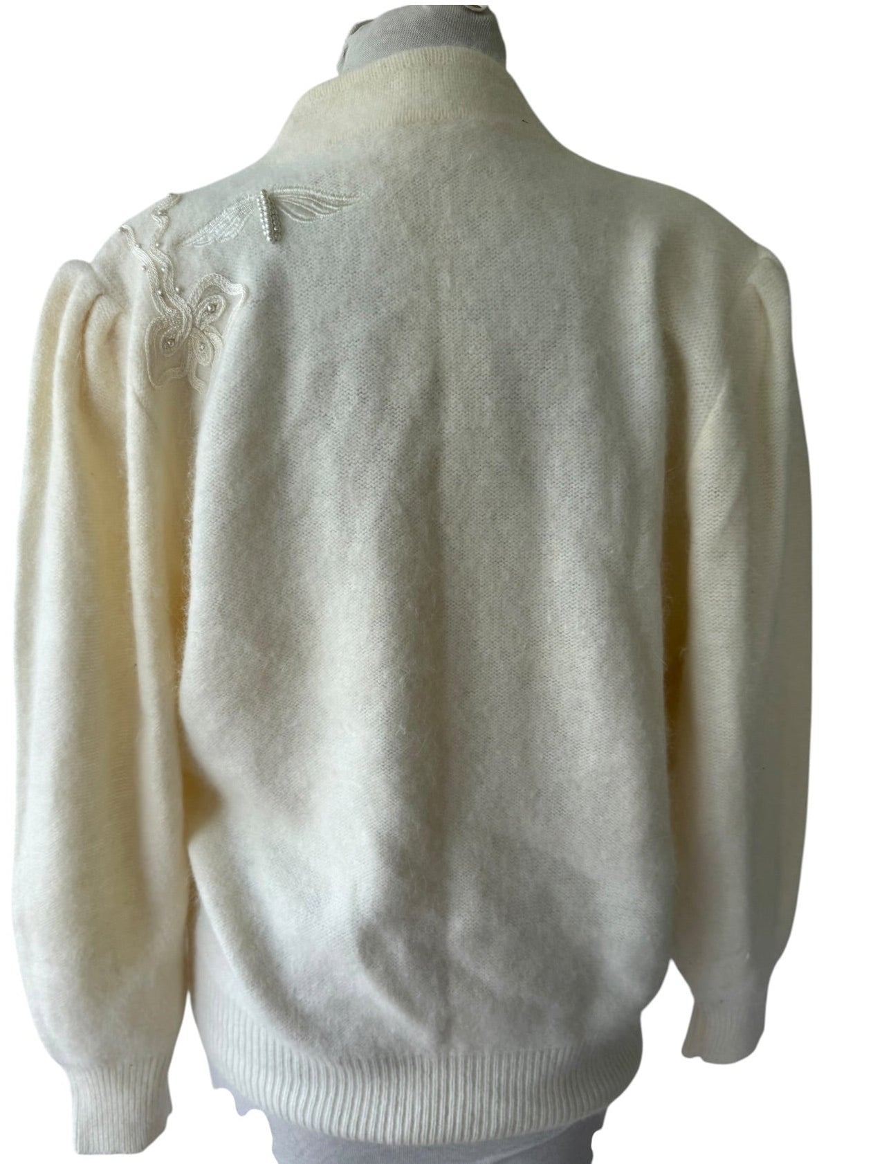 80s Angora Cardigan Sweater Embroidered Cream Beaded Applique Pearls