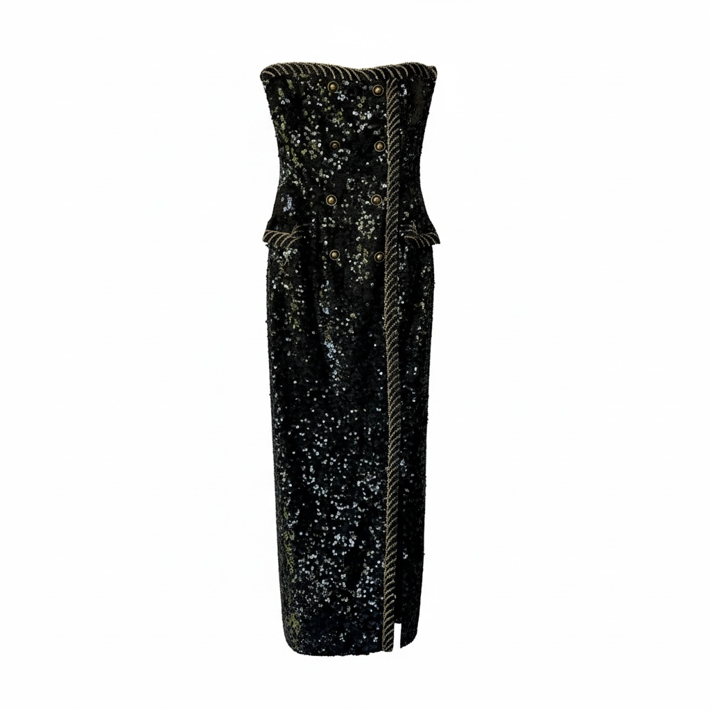 80s Black Tie Sequin Beaded Gown Strapless Sz 6 Maxi 90s NWT Deadstock