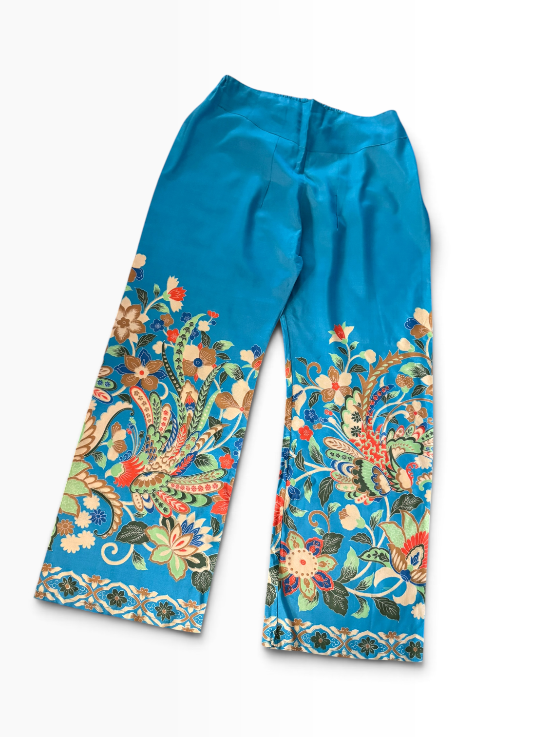 80s Teal Asian Floral Pongee Wide Leg Palazzo Ankle Pants Lounge