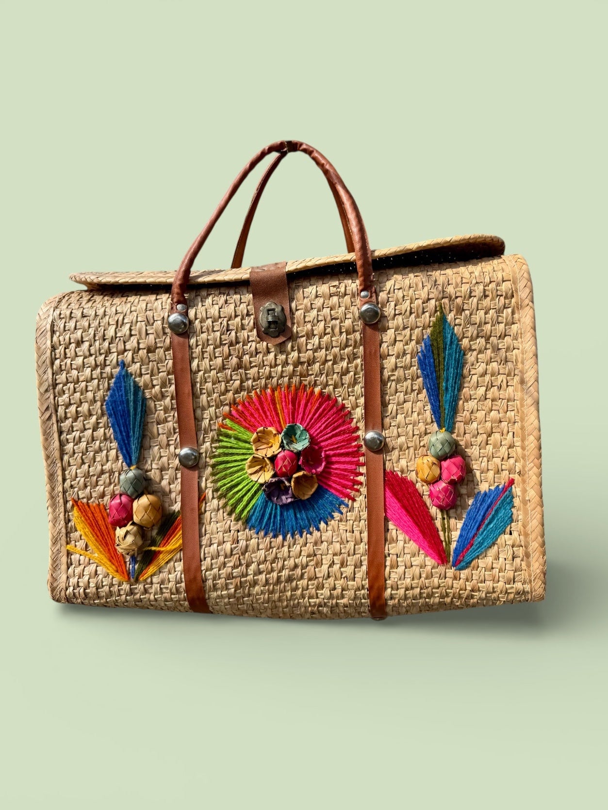 70s Mexico Floral Hand Woven Straw Basket Beach Bag Travel Tote