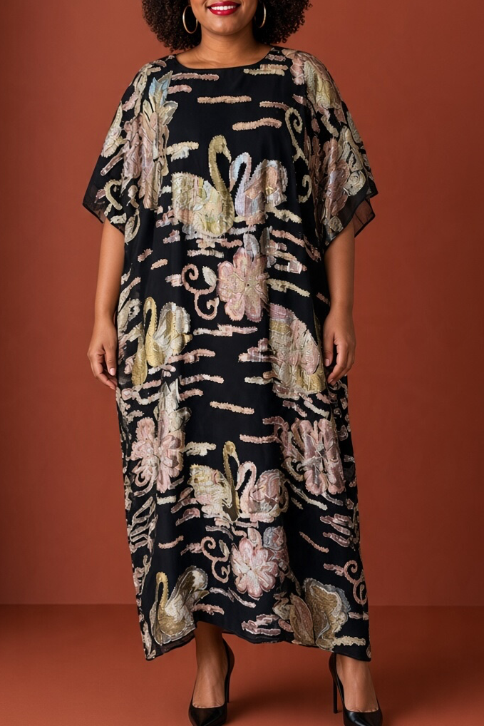 70s David Brown Swan Metallic Kaftan Maxi Dress