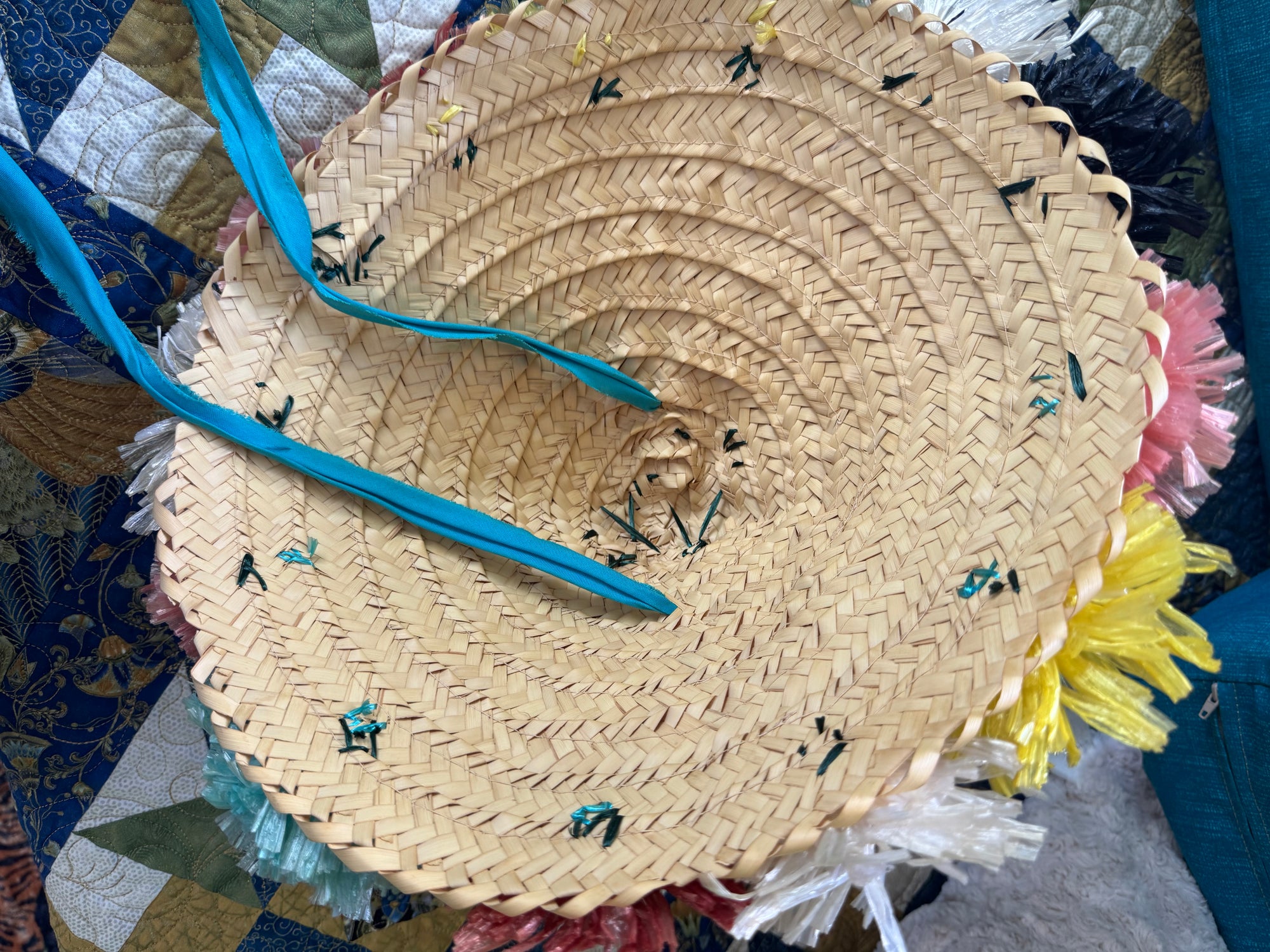 60s Conical Straw Beach Hat Raffia Ribbon Poms
