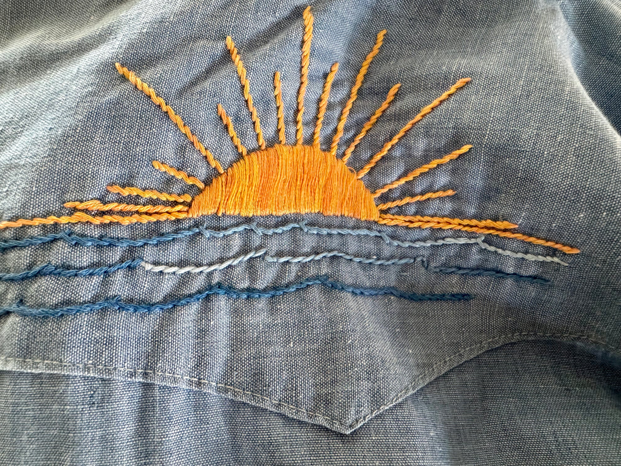 70s Sears Embroidered Chambray Pearl Snap Shirt