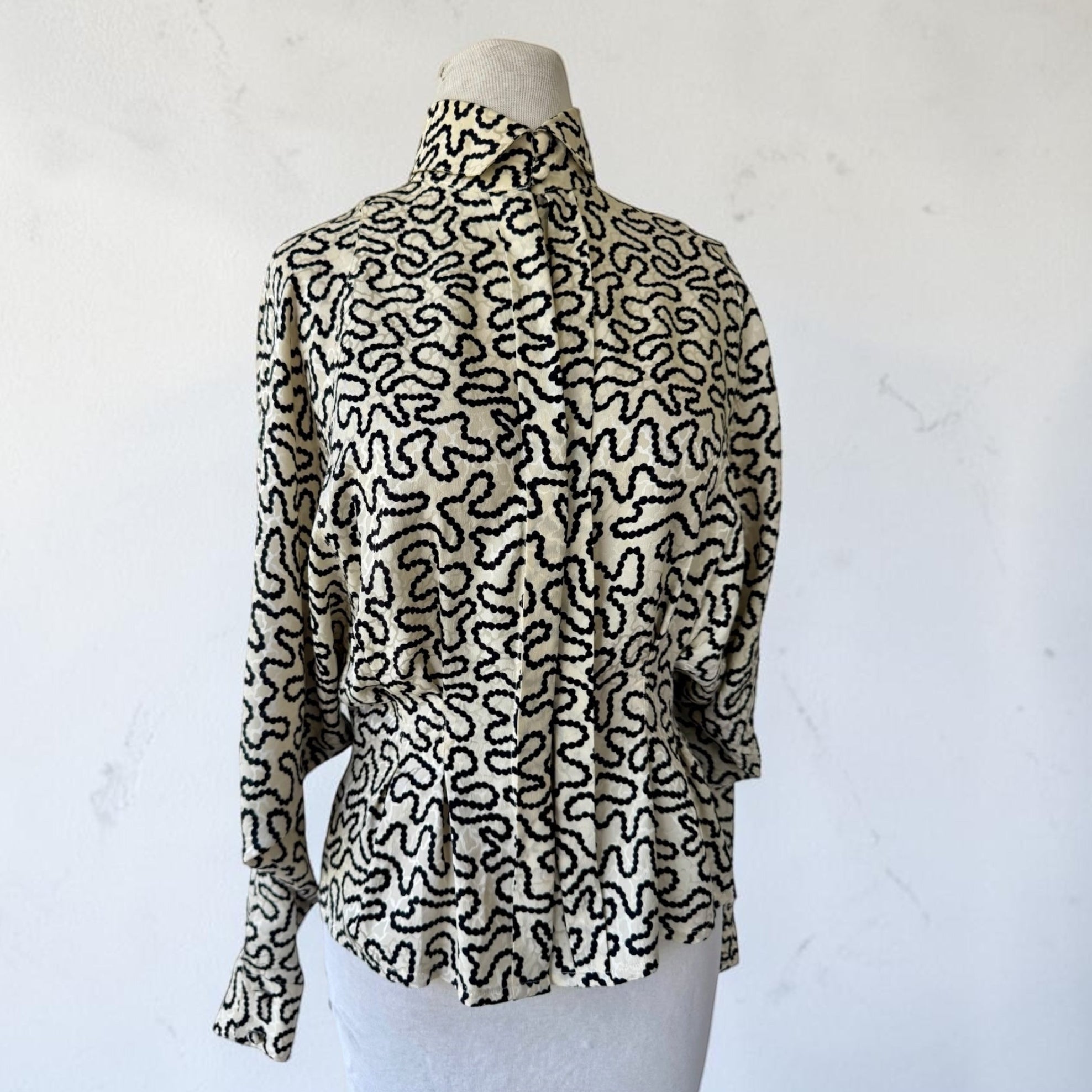 80s Francesca of Damon Silk Pearl Print Blouse Sz 10 Dolman Pleats