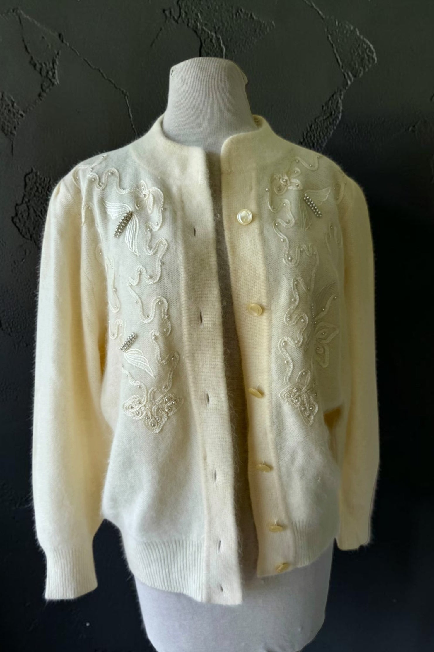 80s Angora Cardigan Sweater Embroidered Cream Beaded Applique Pearls