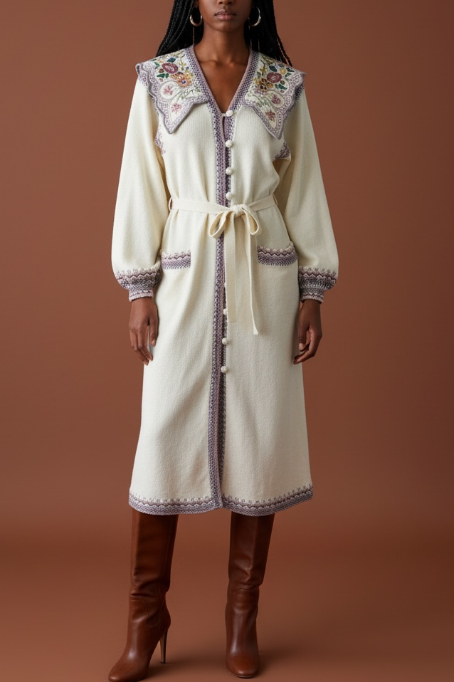 80s Lillie Rubin Santana Knit Embroidered Floral Sweater Dress/ Robe As Is