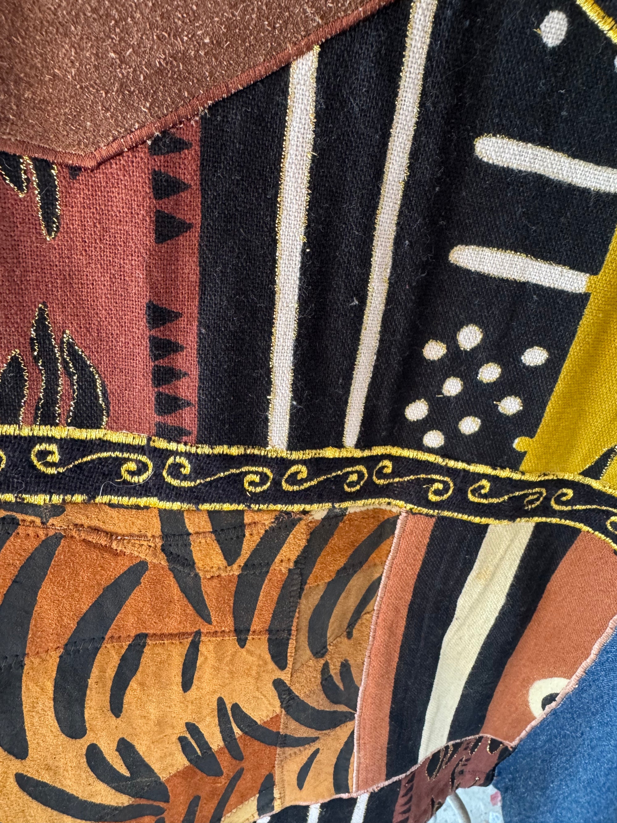 90s Molato Patchwork Denim Beaded Duster African Art Cowrie