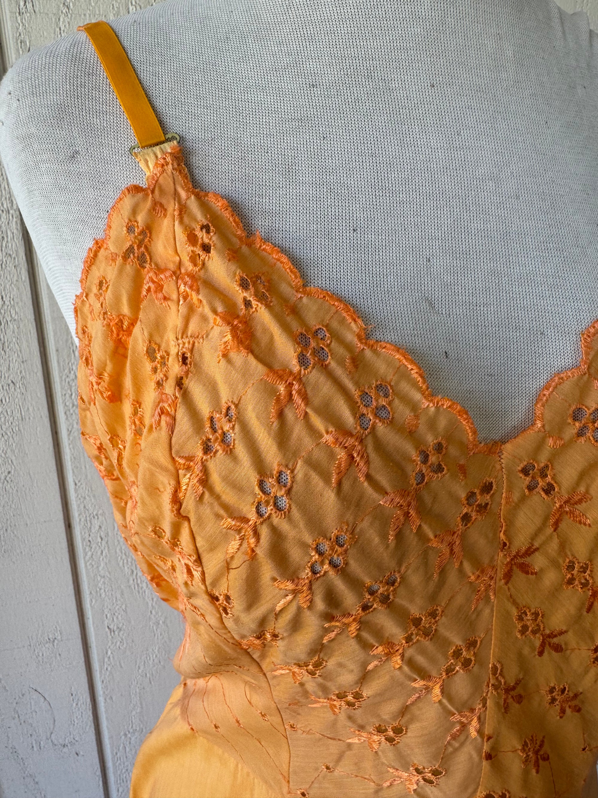 70s Orange Eyelet Lace Full Slip Sunrise Hand Dyed