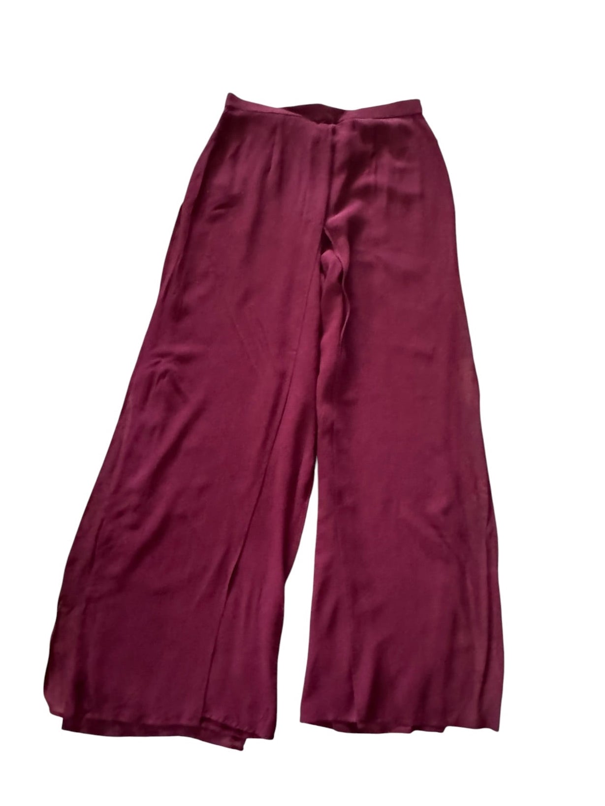 90s Tadashi Plum Silk Chiffon Sheer Wide Leg Palazzo Pants