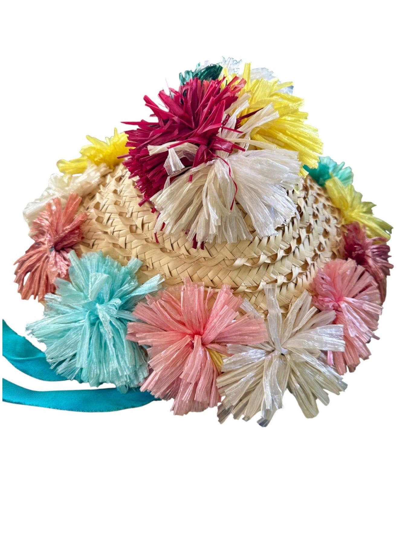 60s Conical Straw Beach Hat Raffia Ribbon Poms