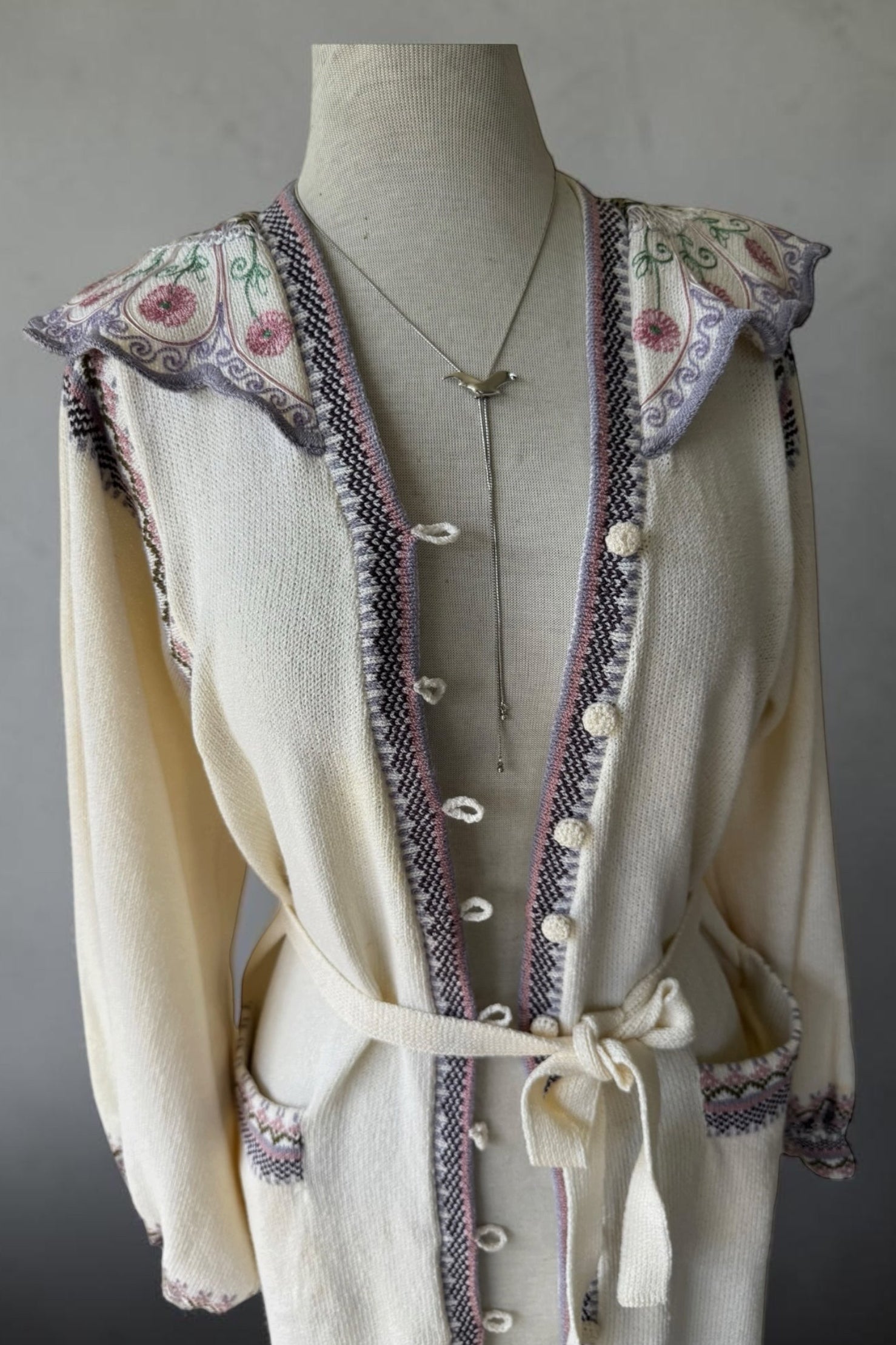 80s Lillie Rubin Santana Knit Embroidered Floral Sweater Dress/ Robe As Is